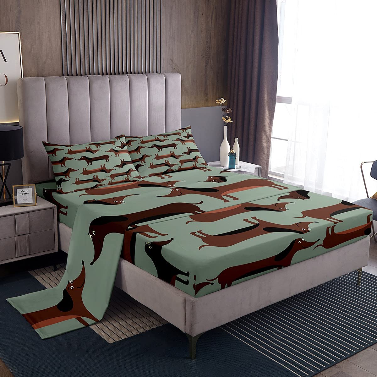 **Cute Dachshund Dog Bed Sheets Set for Kids – Full Size Lightweight Cartoon Sausage Dog Bedding with 2 Pillowcases – Perfect for Boys & Girls Room Decor, Dog Lover Gifts, and Themed Bedroom Designs**