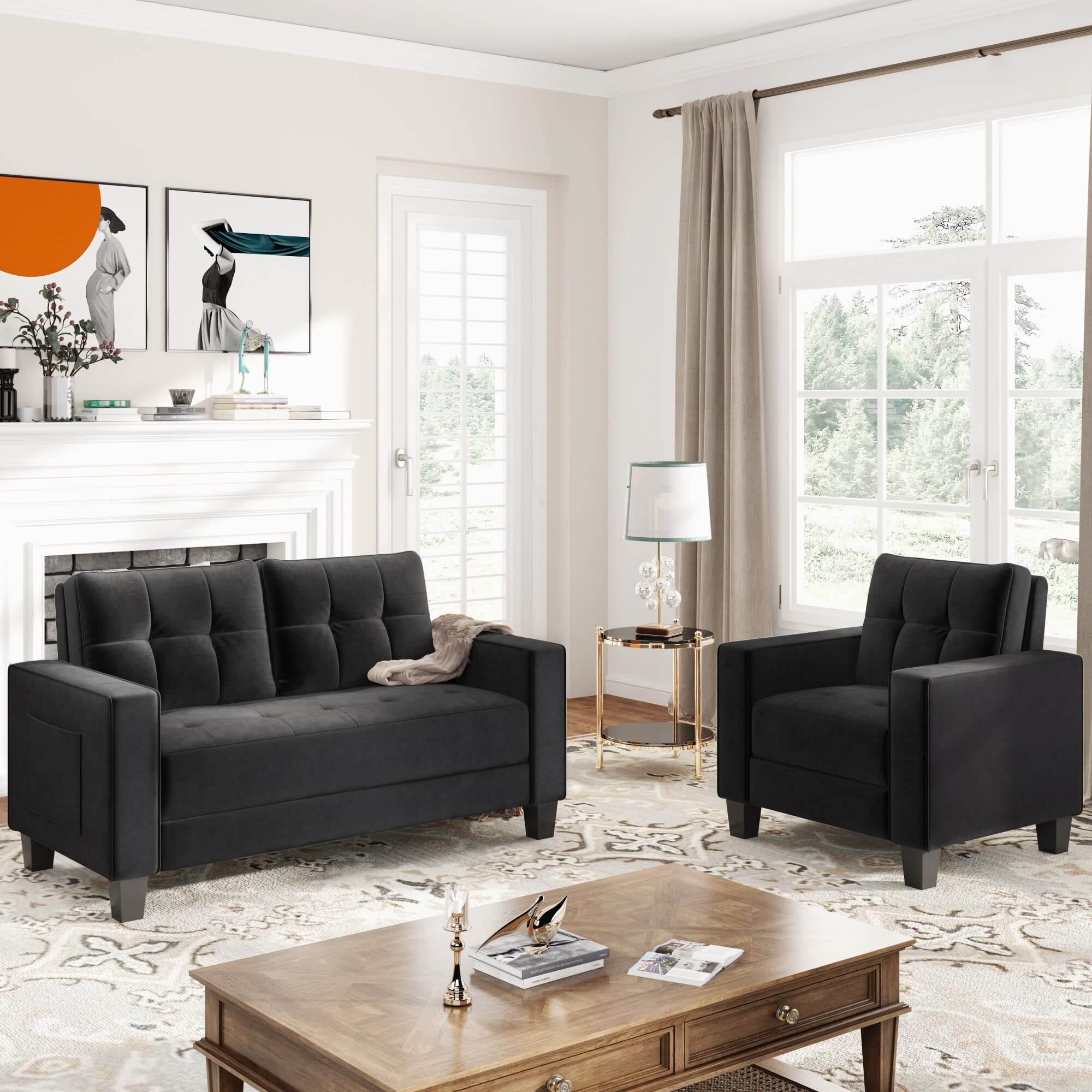 Modern Velvet Upholstered Armchair and Loveseat Set - 1+2 Seater Contemporary Black Sofa with Removable Cushions for Living Room, Office or Lounge | Stylish Home Furniture for Small Spaces & Apartments