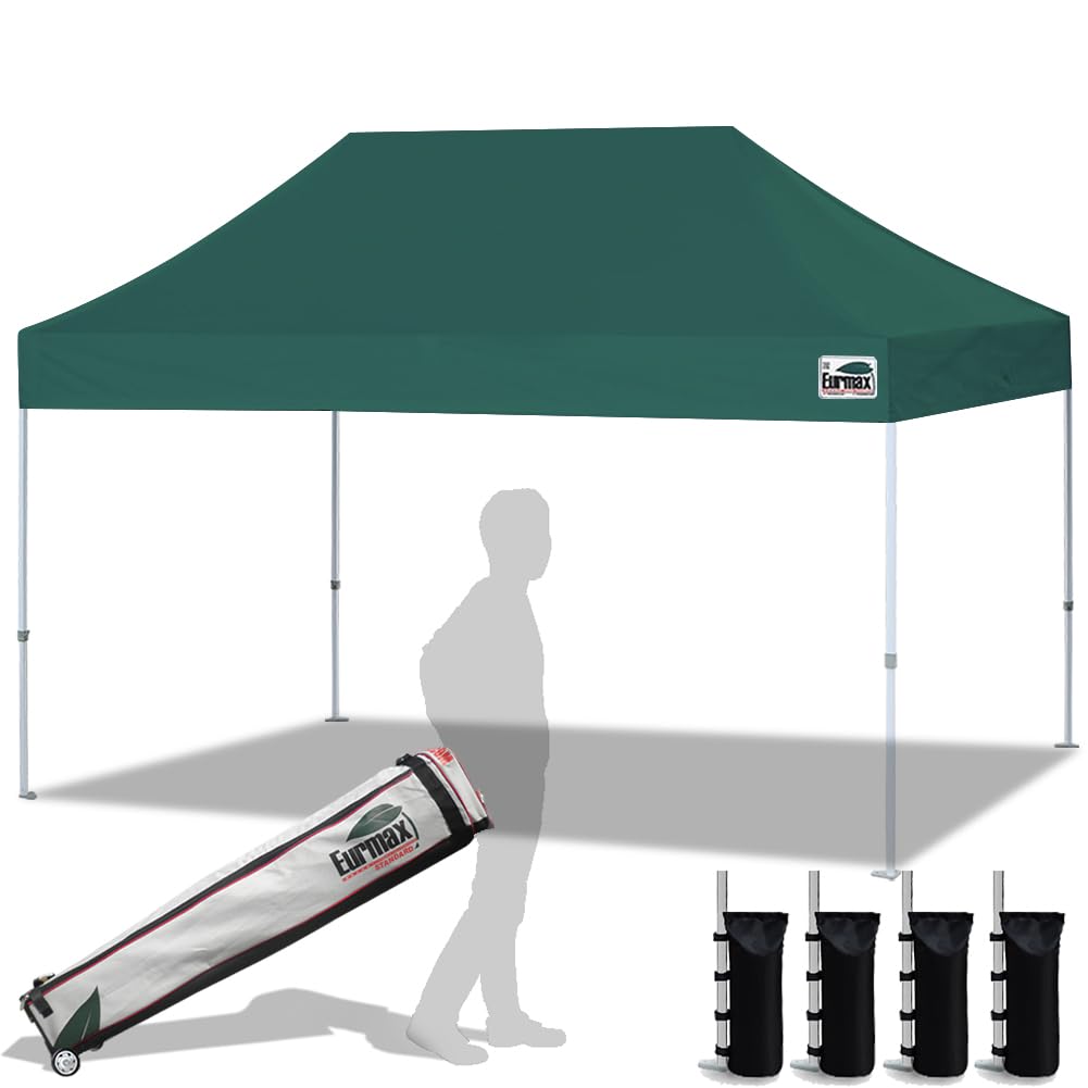 Eurmax USA 10'x15' Commercial Pop Up Canopy Tent - Heavy Duty Instant Shelter with Roller Bag & 4 Sand Weight Bags (Forest Green) - Perfect for Outdoor Events, Farmers Markets, Beach Parties & Camping
