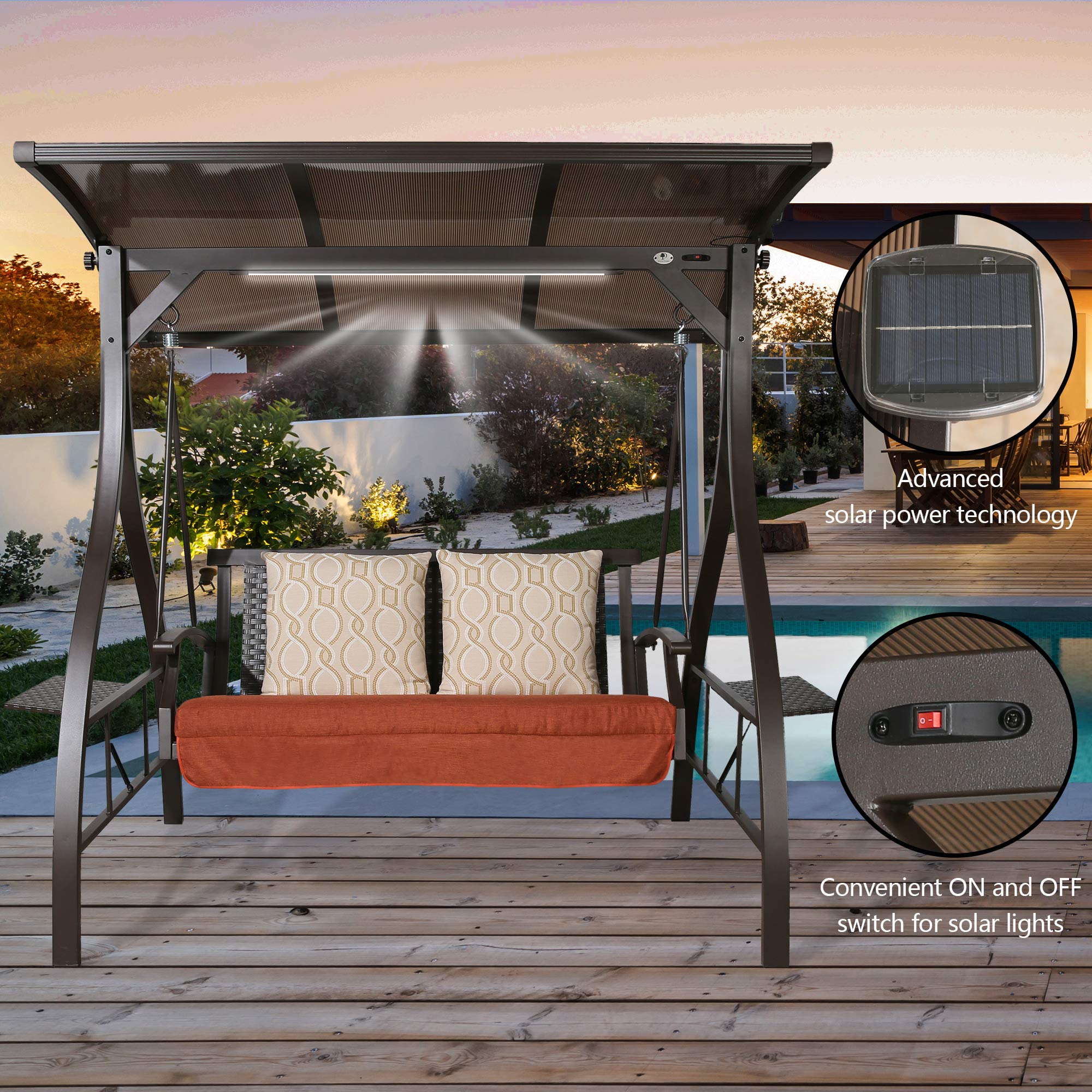 Premium 2-Seat Patio Swing with Cushions - Outdoor Porch Swing Chair with Solar Lights & Adjustable Canopy for Backyard, Garden, Deck Relaxation