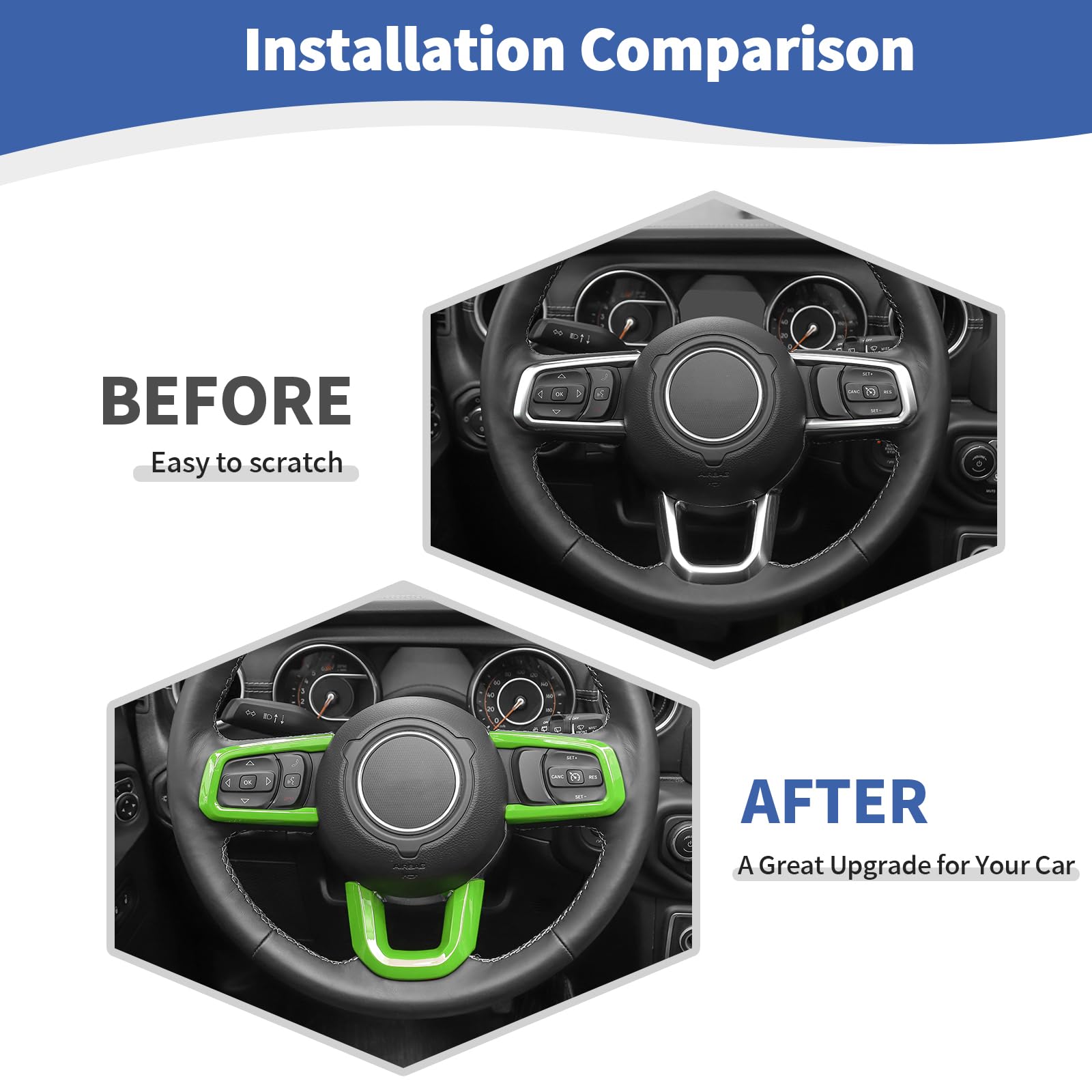 RT-TCZ Steering Wheel Trim Decal Panel - Green Interior Accessories for Jeep Wrangler JL/JLU & Gladiator JT (2018-2024) - 3-Piece Set - Upgrade Your Jeep's Interior Style for Off-Road Adventures & Daily Driving