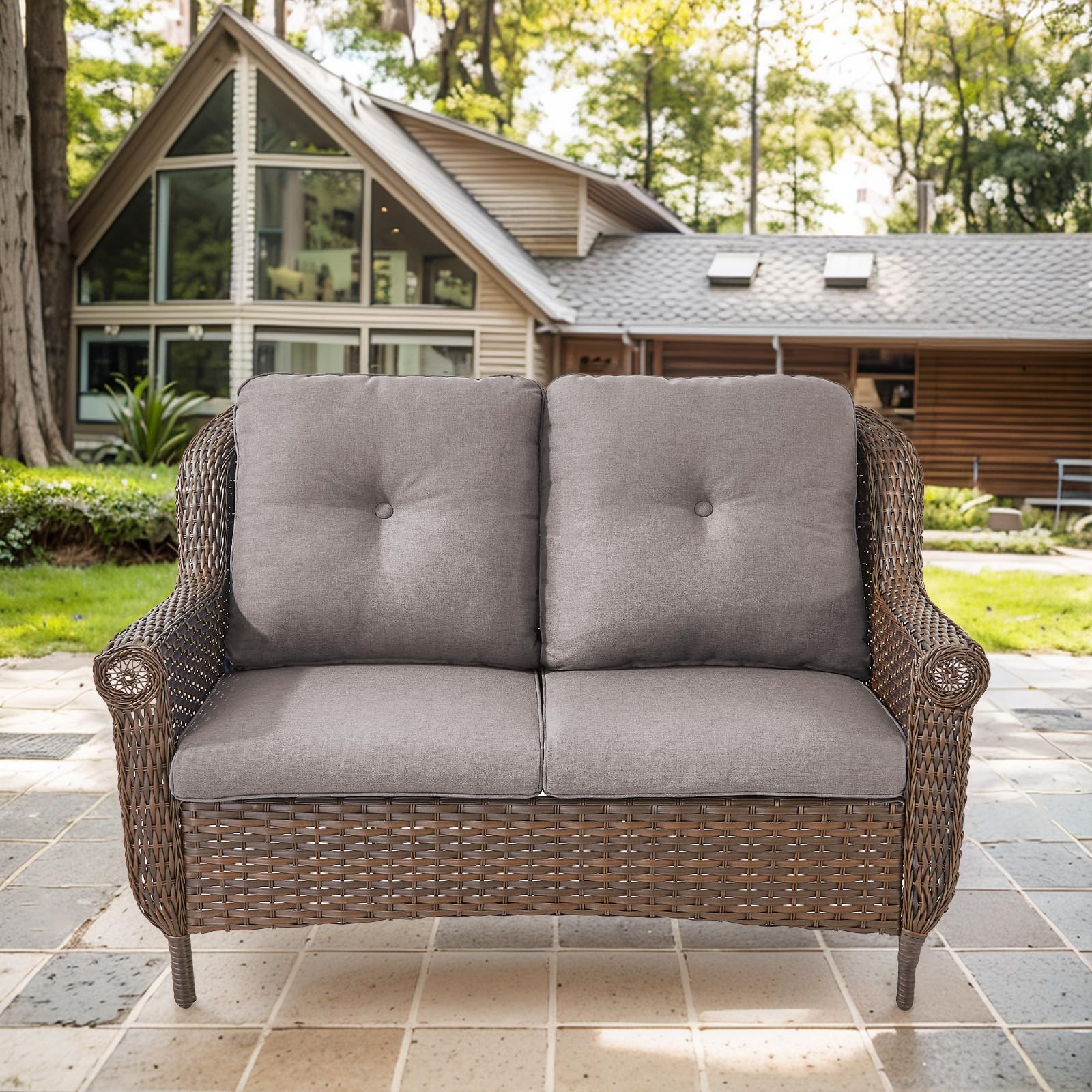 Brown Rattan Patio Loveseat with Water-Resistant Cushions - Outdoor Wicker Sofa for Garden, Balcony, Backyard & Poolside - Perfect for Relaxing, Entertaining & Sunbathing (1PC)