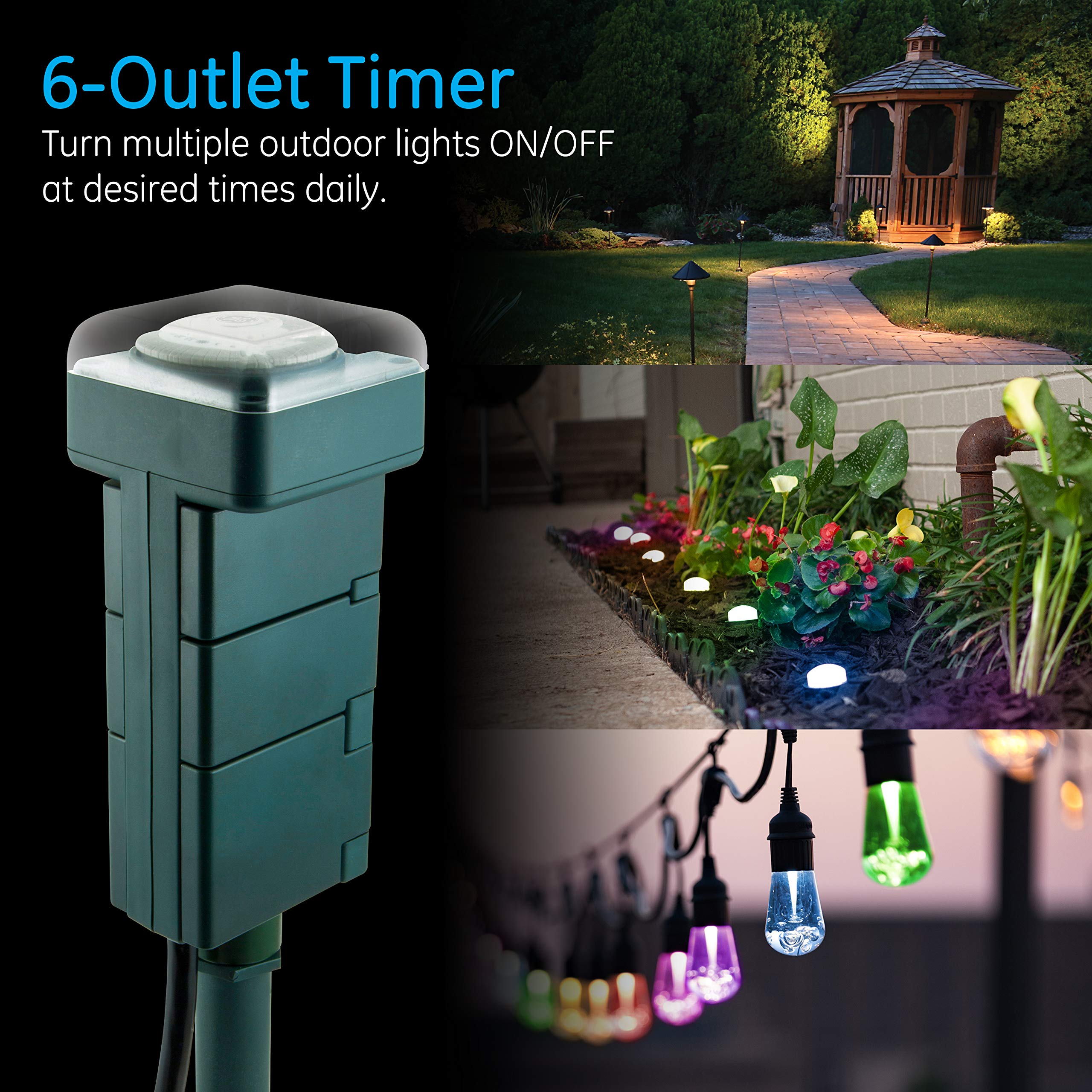 GE Outdoor 6-Outlet Mechanical Timer Stake - 24-Hour Programmable with 30-Minute Intervals, 120VAC Weatherproof Power Timer for Landscape Lighting, Holiday Decorations & Garden Equipment (Green, Model 29972) - Perfect for Patio Lights, Christmas Decor & Watering Systems