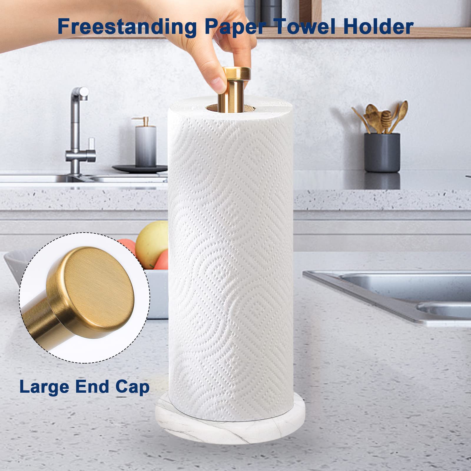 NearMoon Standing Paper Towel Holder - Premium Brushed Gold with Marble Base for Standard & Jumbo Rolls | Stylish Kitchen & Bathroom Countertop Organizer | Perfect for Cooking, Cleaning & Home Decor