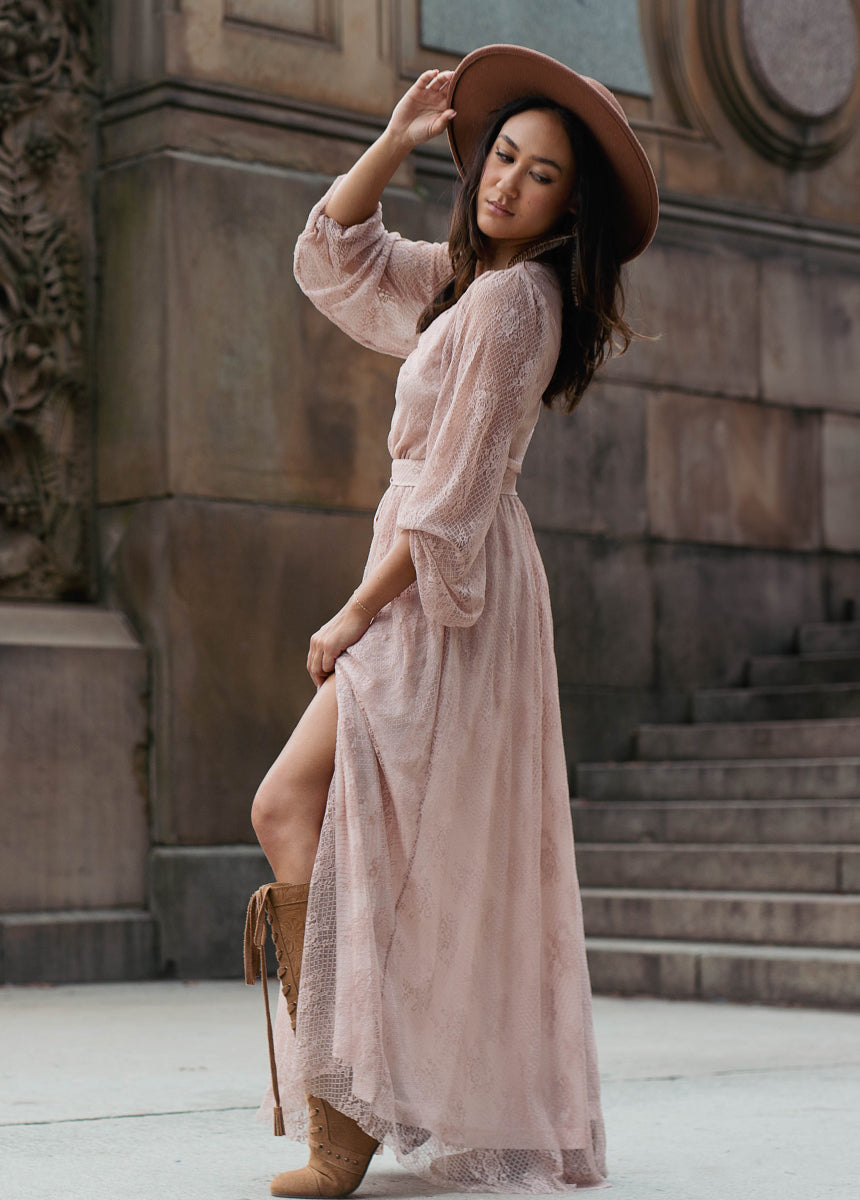 Haley Dress in Nude Pink - Women's Elegant Flowy Midi Dress for Wedding Guest, Date Night & Special Occasions