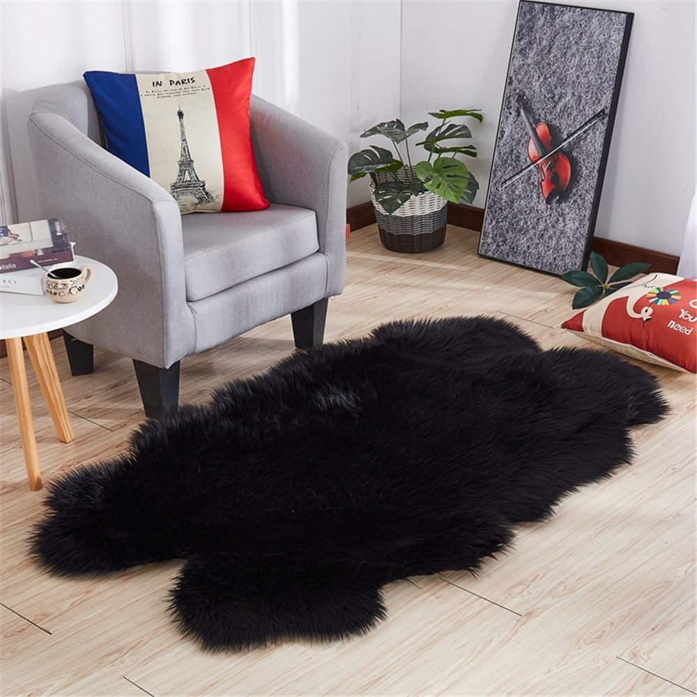Luxury Faux Fur Sheepskin Shaggy Area Rug - Soft Plush Fluffy Carpet for Living Room, Bedroom, Sofa & Chair Cover - Black 5x7 Feet - Home Decor Floor Mat for Cozy Comfort