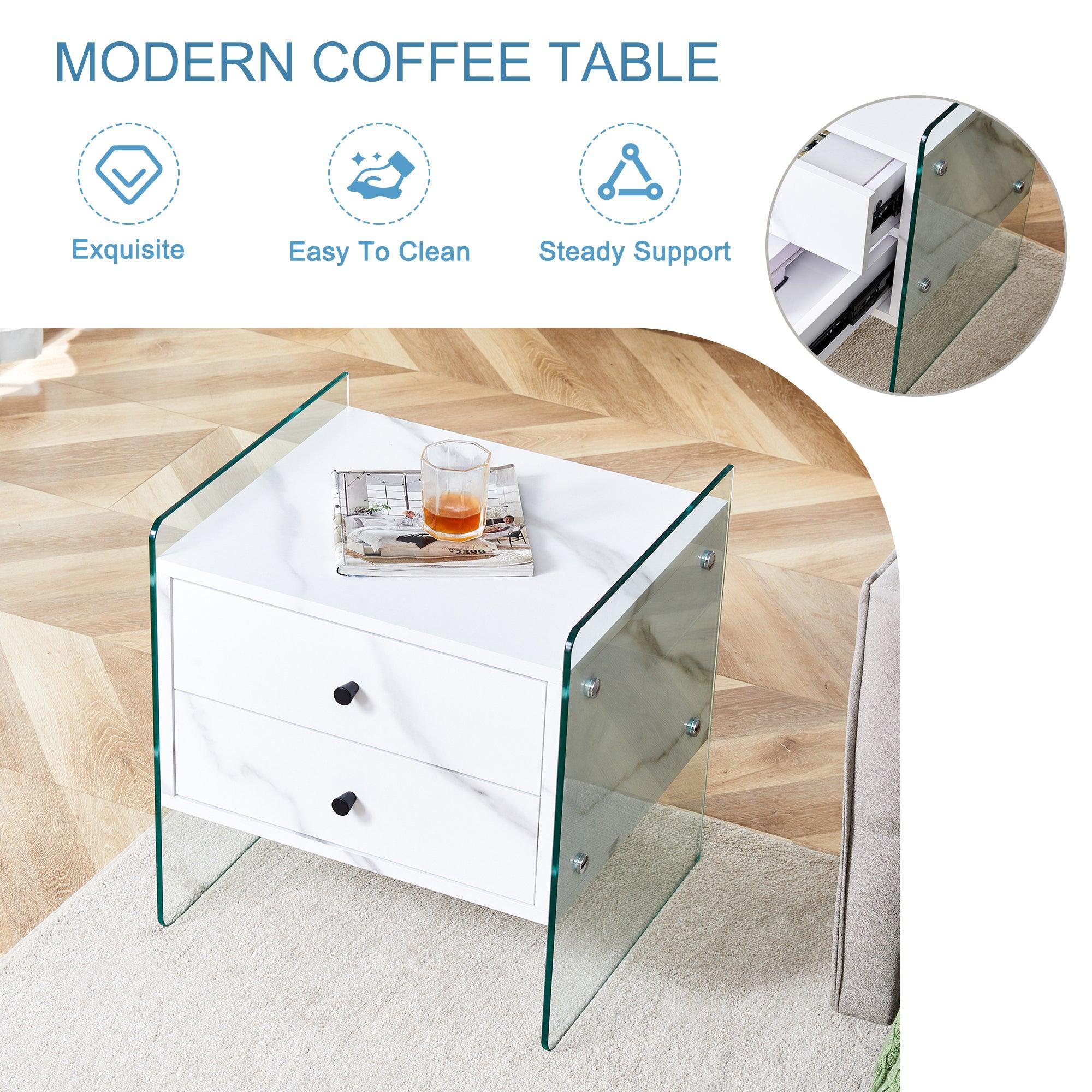 Modern Double Drawer Bedside Table with MDF Sticker Surface & Tempered Glass Sides - Simple Elegant Design, Excellent Storage for Bedroom, Living Room, or Office Use