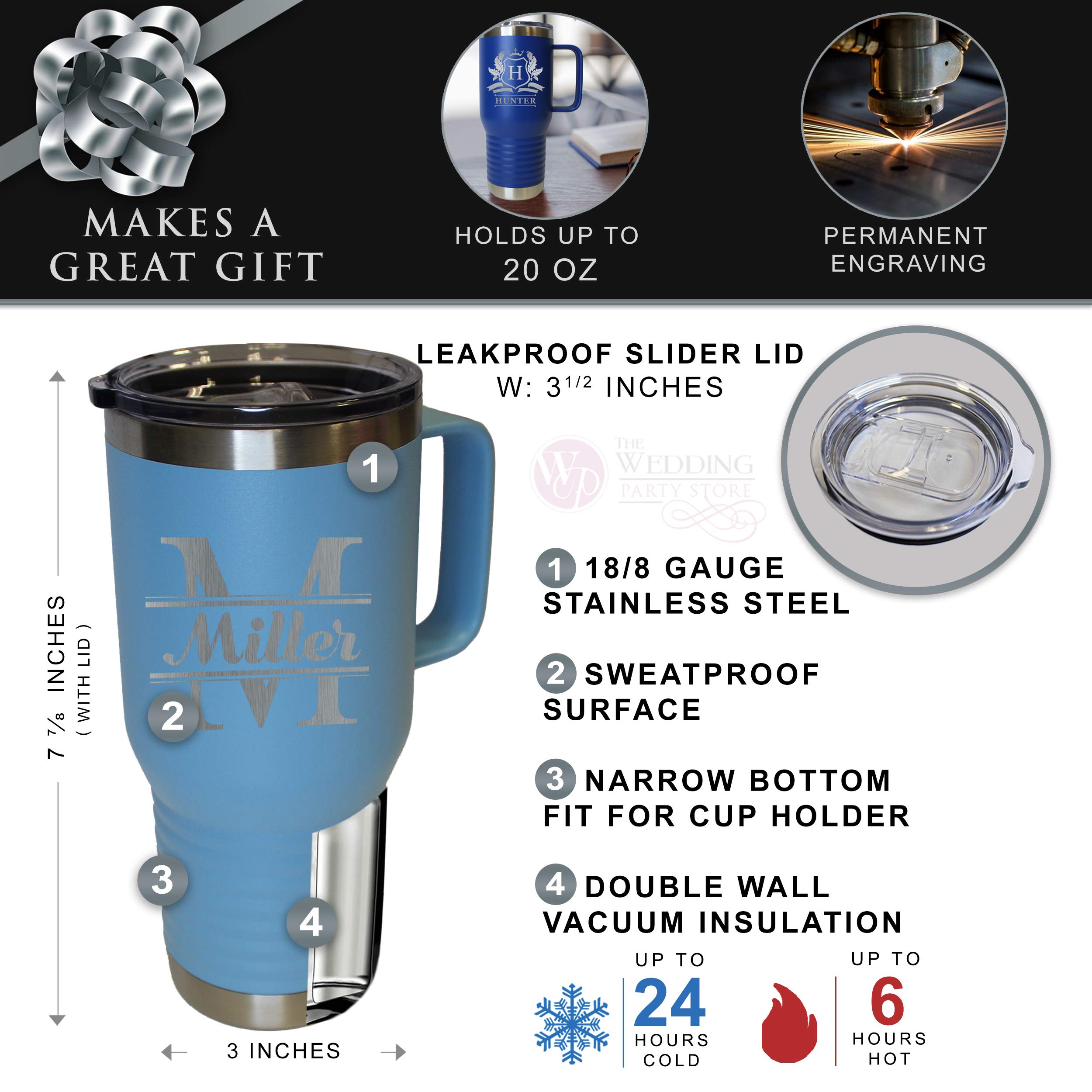 Custom Personalized 20oz Stainless Steel Powder Coated Vacuum Insulated Travel Tumbler - Double Wall Coffee Mug with Handle & Lid (Carolina Blue) - Perfect for Office, Camping & Commuting