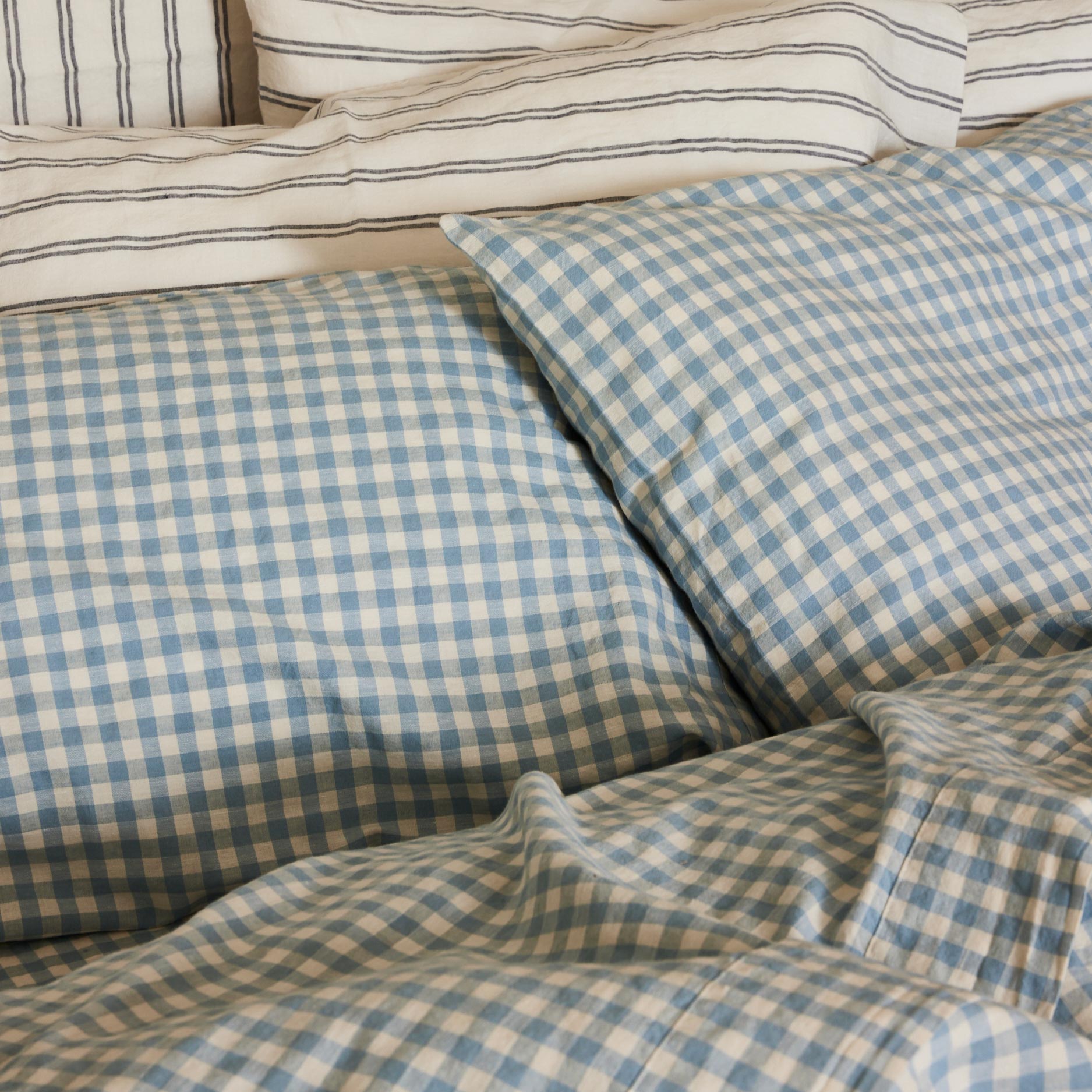 Cozy Blue Gingham Linen Blend Pillowcase Set of 2 - Soft Breathable Bedding for Home, Hotel & Guest Room Decor