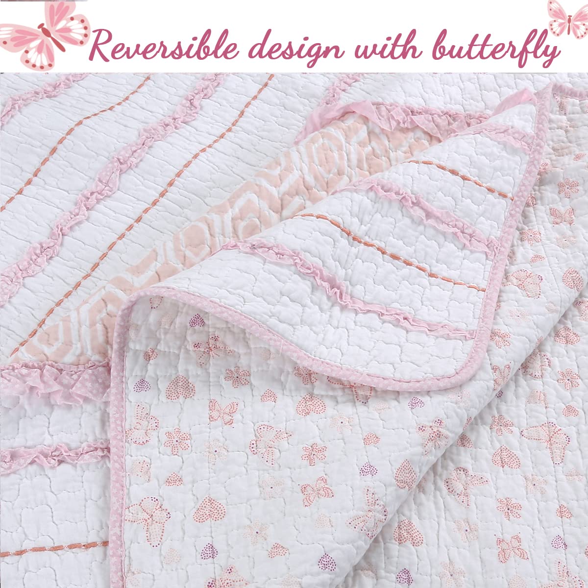 Pink Ruffle Butterfly Reversible 100% Cotton Quilt Bedding Set - Twin Size 4 Piece (1 Quilt + 1 Sham + 2 Pillows) | Soft Cozy Bedspread Coverlet for Girls Room & Teen Bedroom Decor | Perfect for Spring, Summer & Dorm Essentials