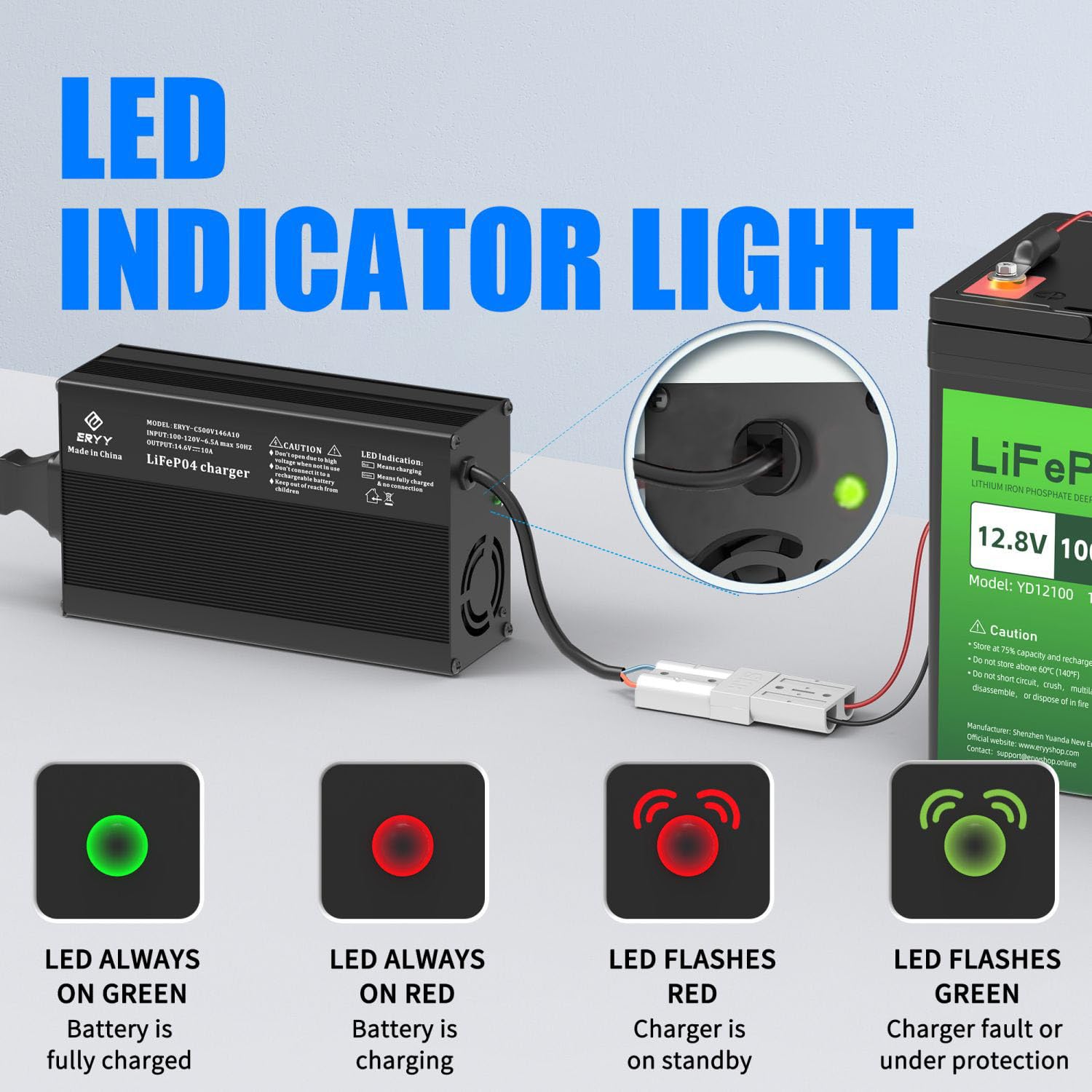 12V 10A LiFePO4 Battery Charger | 14.6V Lithium Battery Smart Charger with Anderson Connector & LED Display | AC-DC Power Supply for RV, Marine, Solar & Off-Grid Systems | Perfect for Boats, Campers & Deep Cycle Batteries