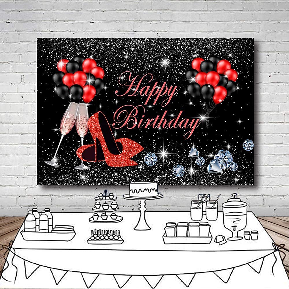 Silver & Black Happy Birthday Photography Backdrop with High Heels, Champagne Glasses & Red Balloons - 7x5ft Party Background for Women's Birthday, Photo Studio Booth Props - Perfect for Adult Celebrations, Bachelorette Parties & Social Media Photos