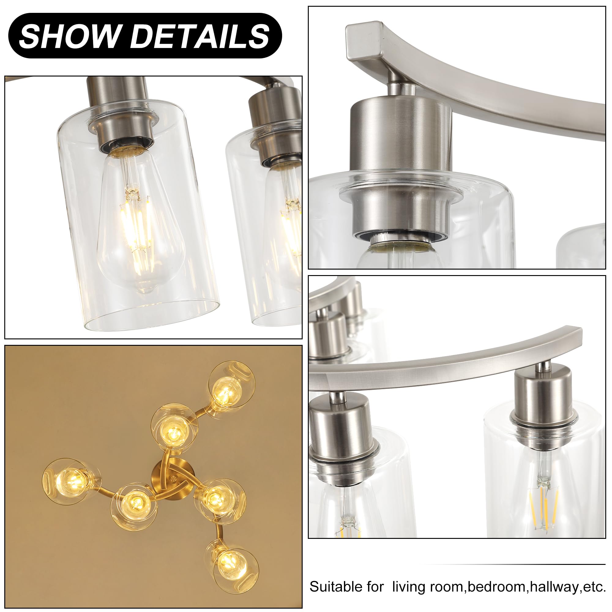 6-Light Brushed Nickel Chandelier - Adjustable Height Industrial Pendant Lighting with Clear Glass Shade for Dining Room, Kitchen Island & Bedroom | Perfect for Modern Farmhouse, Loft & Industrial Style Decor
