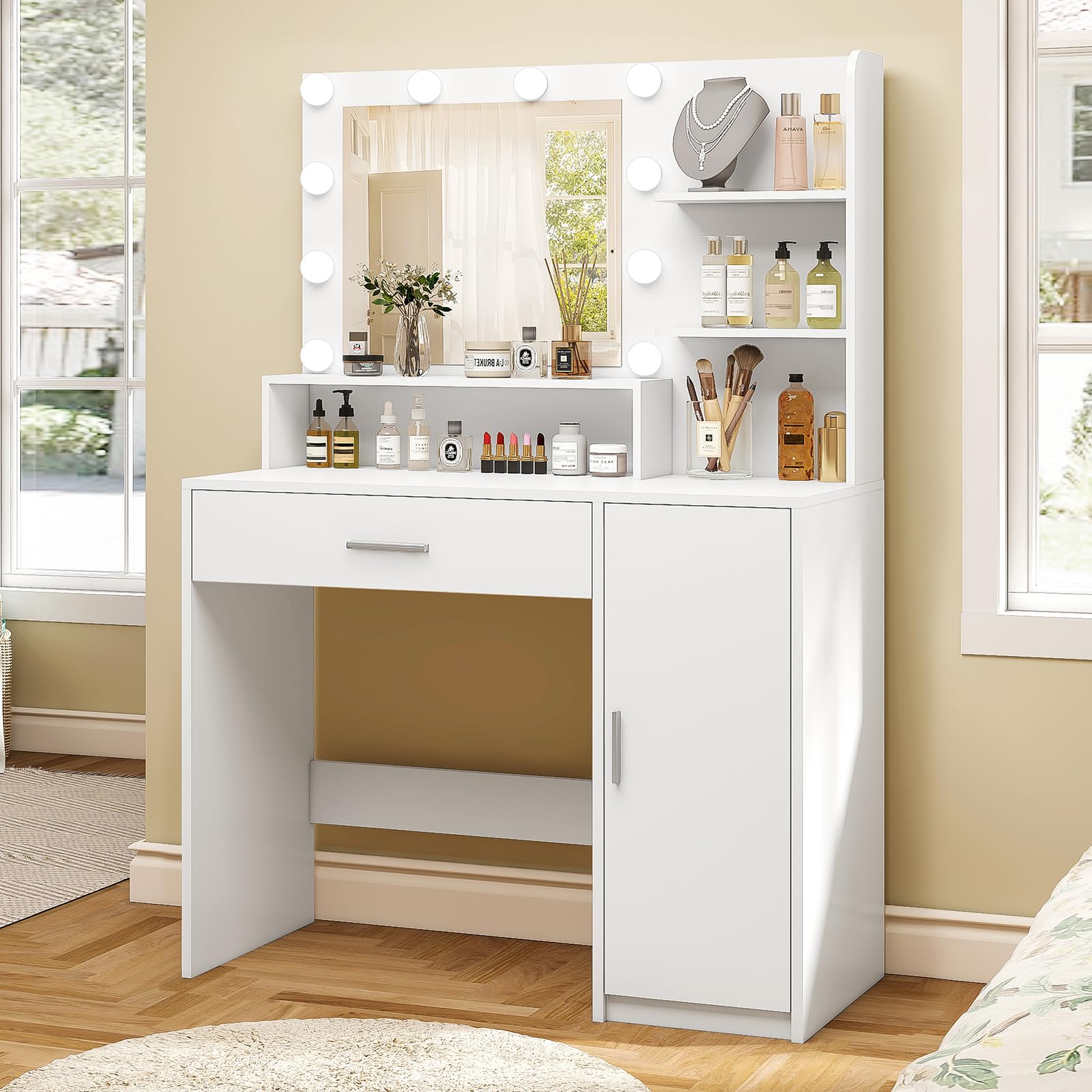 Quimoo Vanity Desk with Mirror & Lights - 3 Colors, Adjustable Brightness for Bedroom Makeup