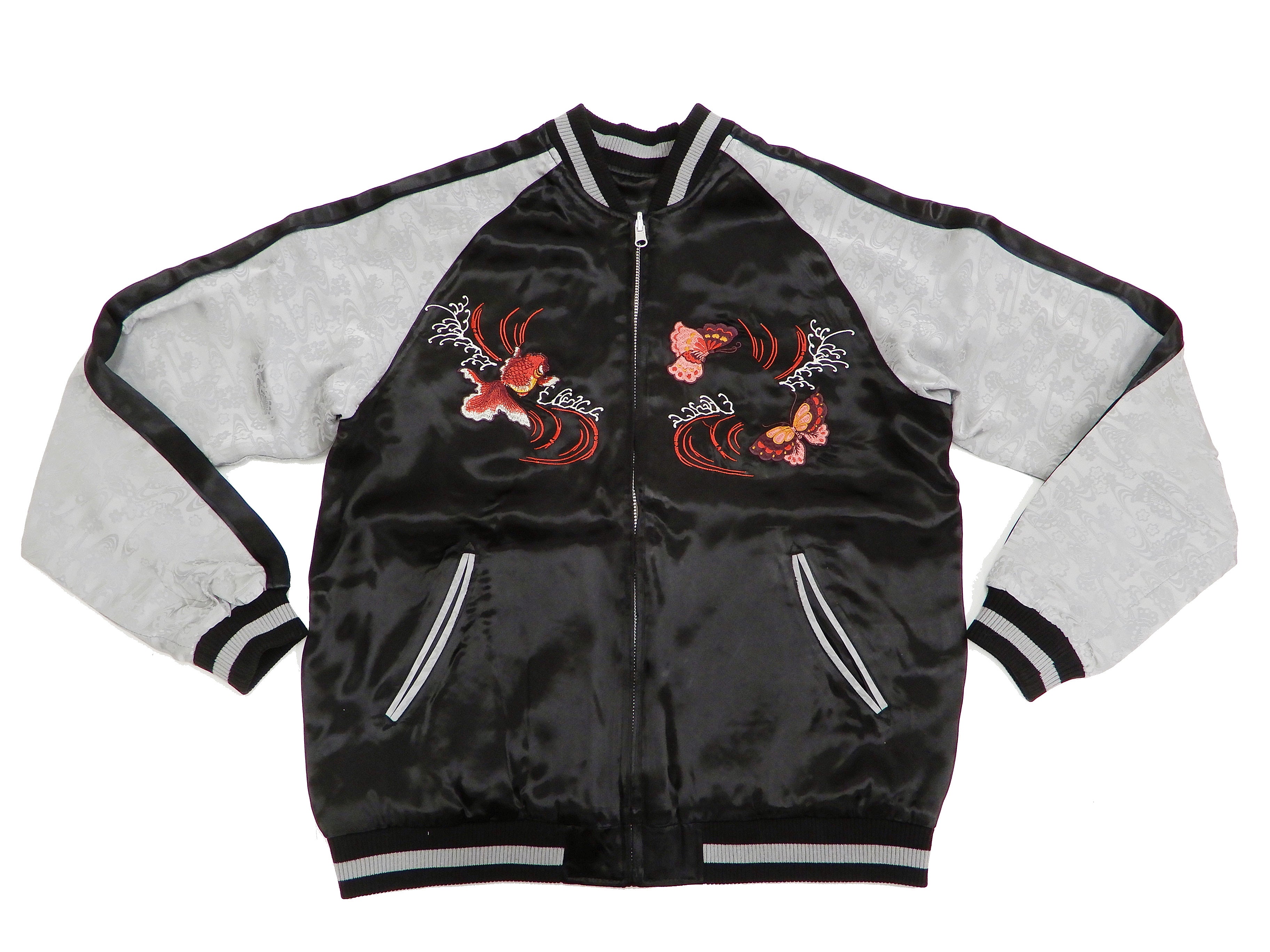 Japanese Souvenir Jacket for Men - Goldfish Embroidery Sukajan Bomber Jacket (Black/Gray) | Vintage Asian Streetwear | Perfect for Casual Outfits, Cosplay & Festival Fashion