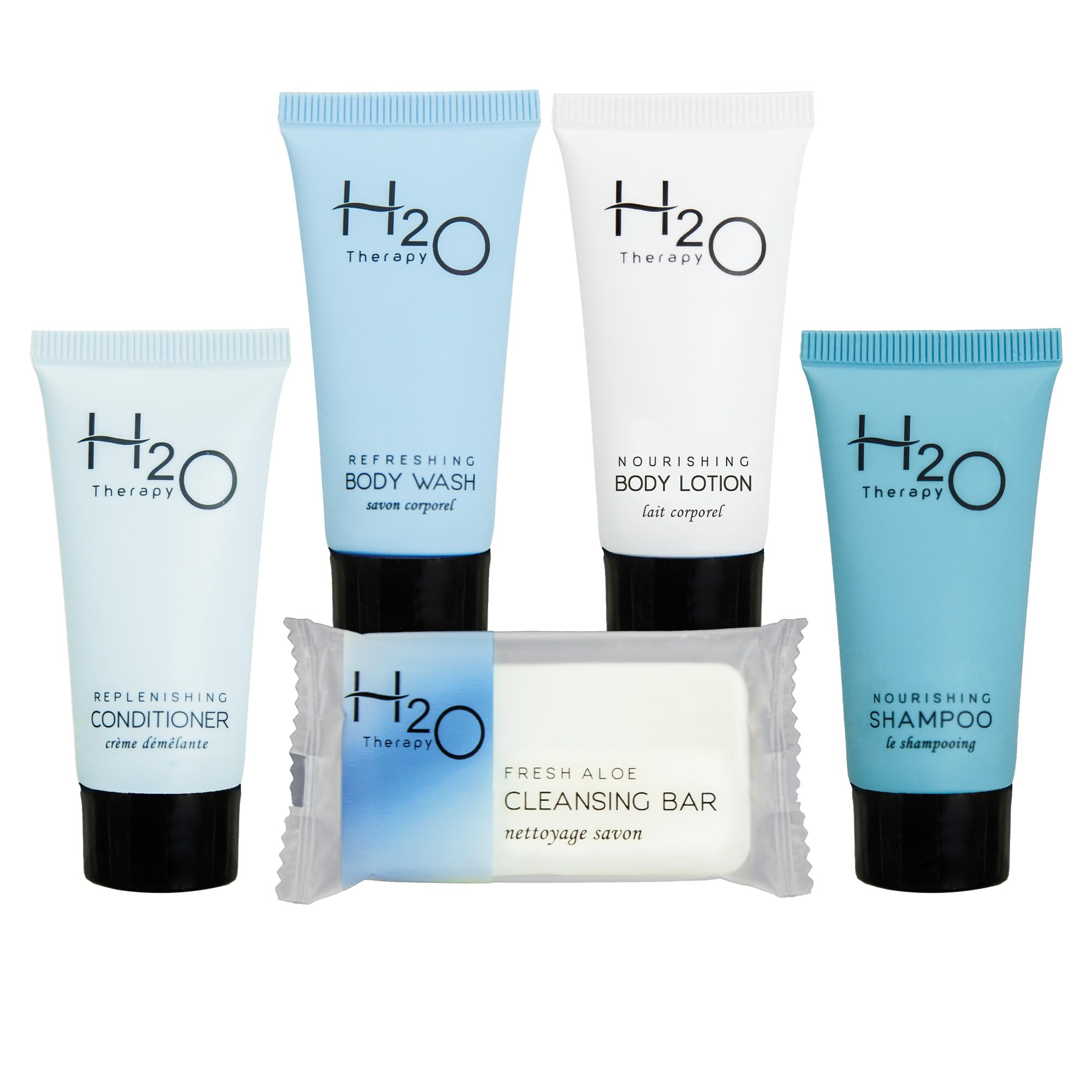 H2O Therapy Travel Size Toiletries Set - 80 Pcs .85oz Hotel Shampoo, Conditioner, Body Wash & Lotion + 100 Pcs Cleansing Soap Bars | Bulk Personal Care Essentials for Hotels, Gyms, Spas & Travel
