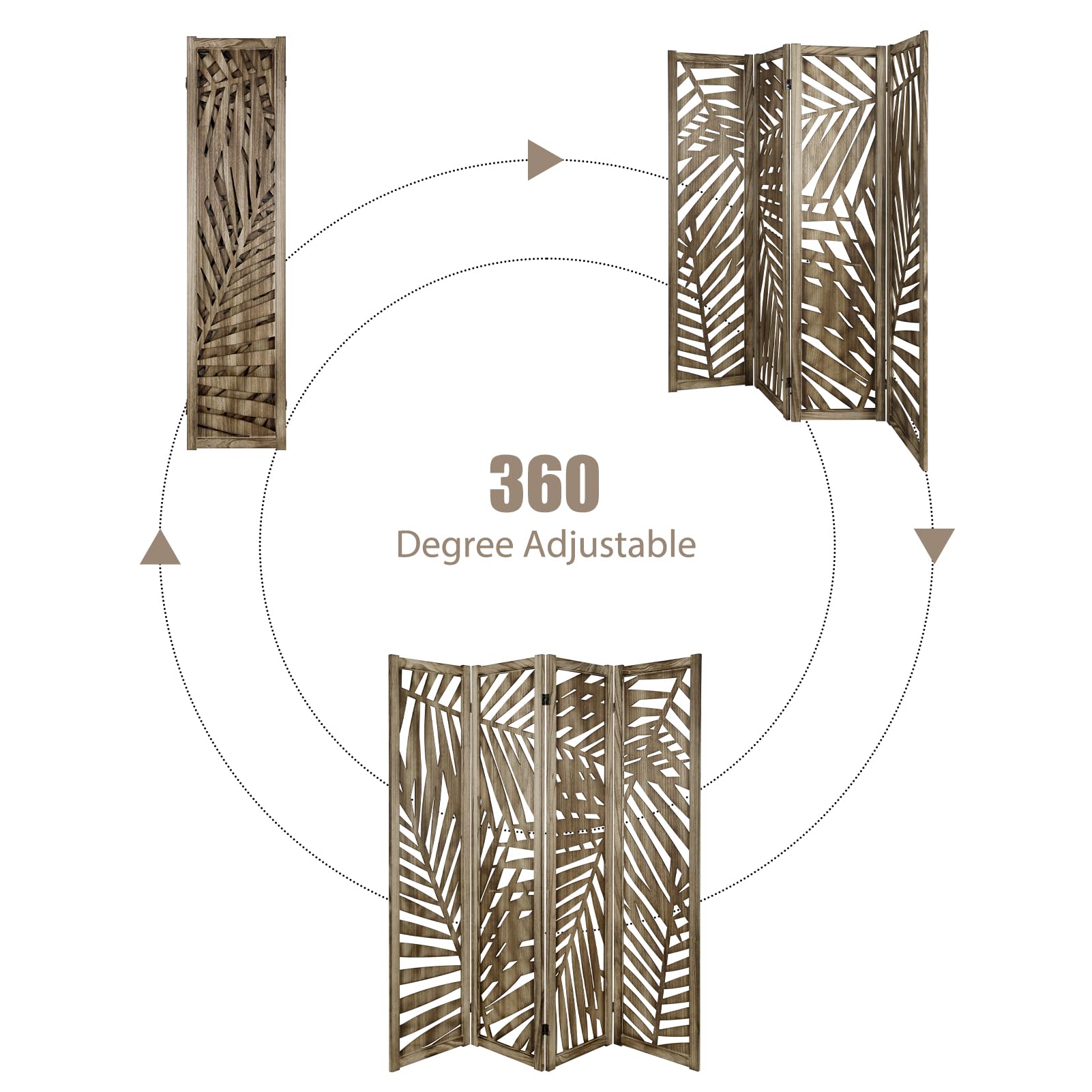 ECOMEX 4 Panel Palm Leaf Room Divider - Freestanding Partition Screen with Retro Leaf Cutout Design in Brown | Perfect for Living Room, Bedroom & Office Privacy