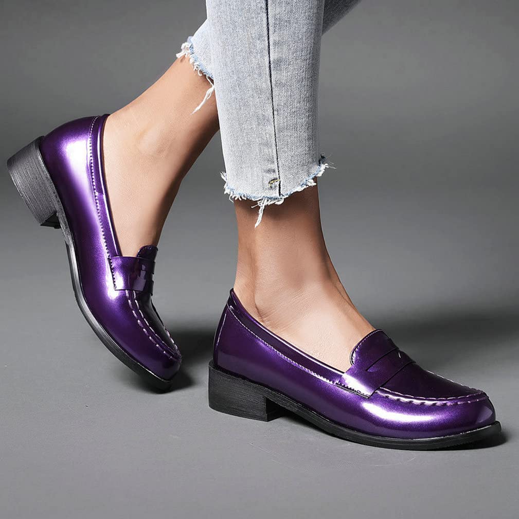 KISSASA Women's Patent Leather Loafers - Low Heel Round Toe Slip On Shoes for Work, Office & Casual Wear | Comfortable Mid Block Heel Pumps for Professional Women