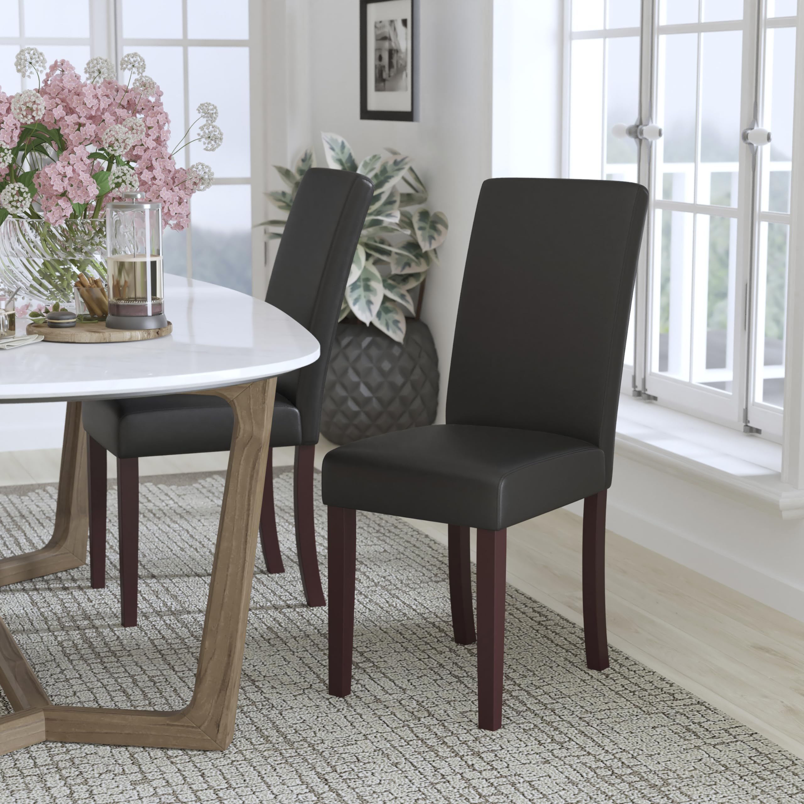 Black LeatherSoft Panel Back Parsons Chair - Elegant Dining Room & Office Seating for Home & Restaurant Use