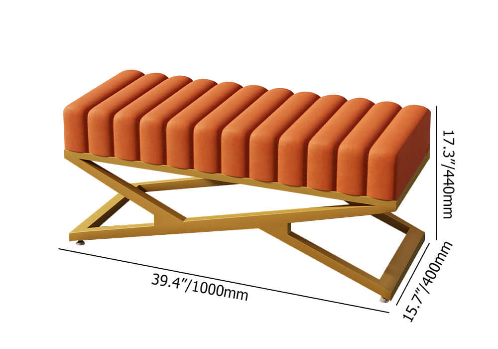Modern Velvet Upholstered Bedroom Bench with Gold X Base - Orange Storage Ottoman for Bedroom, Living Room & Entryway - Perfect for Seating, Decor & Extra Storage