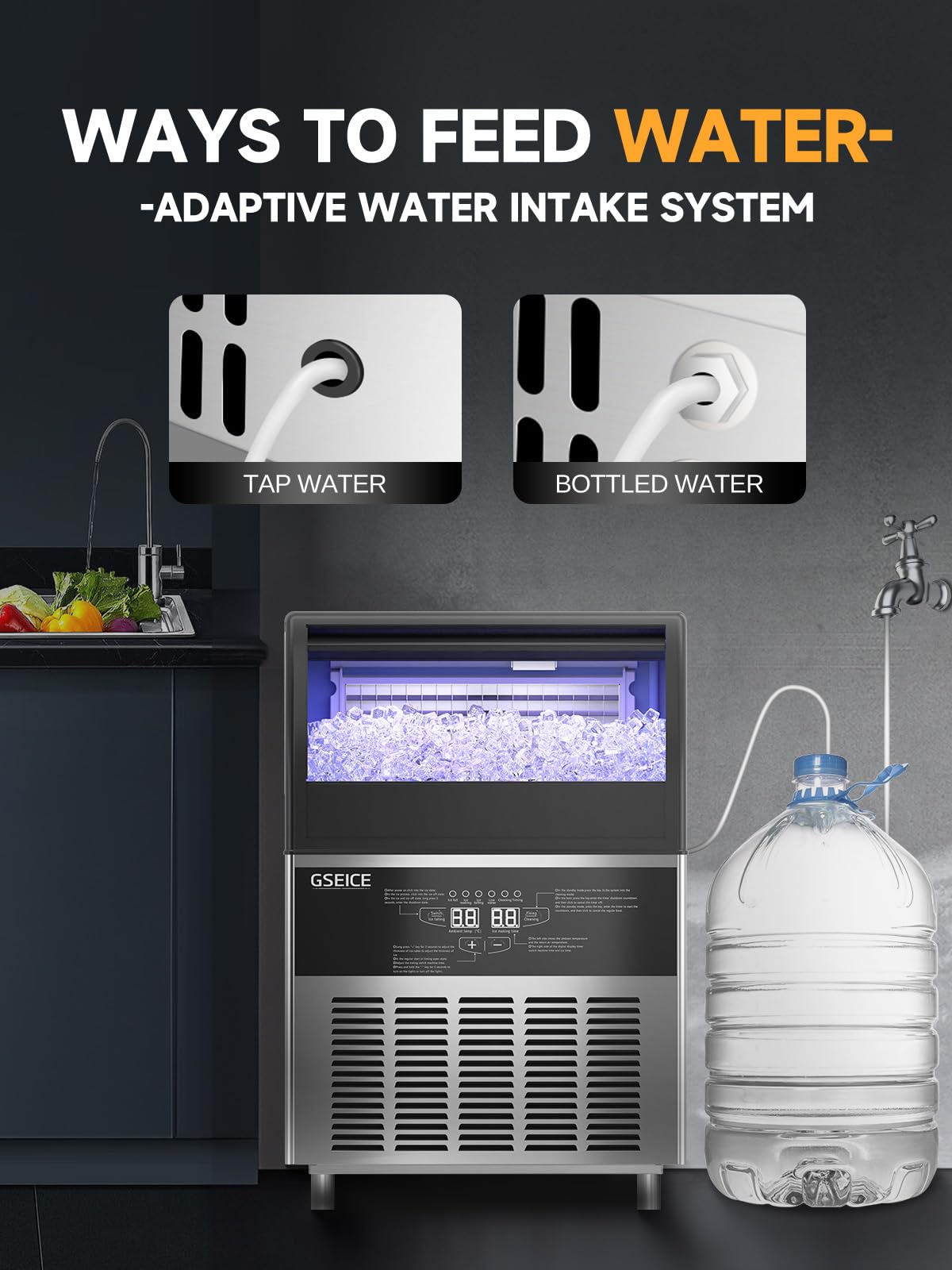 Commercial Ice Maker Machine 150LBS/Day, 2 Water Inlet with 70LBS Storage Bin & Drain Pump - Stainless Steel Undercounter Ice Machine for Restaurants, Bars, Cafes, Home & Office Use - Perfect for Cocktails, Beverages & Food Display