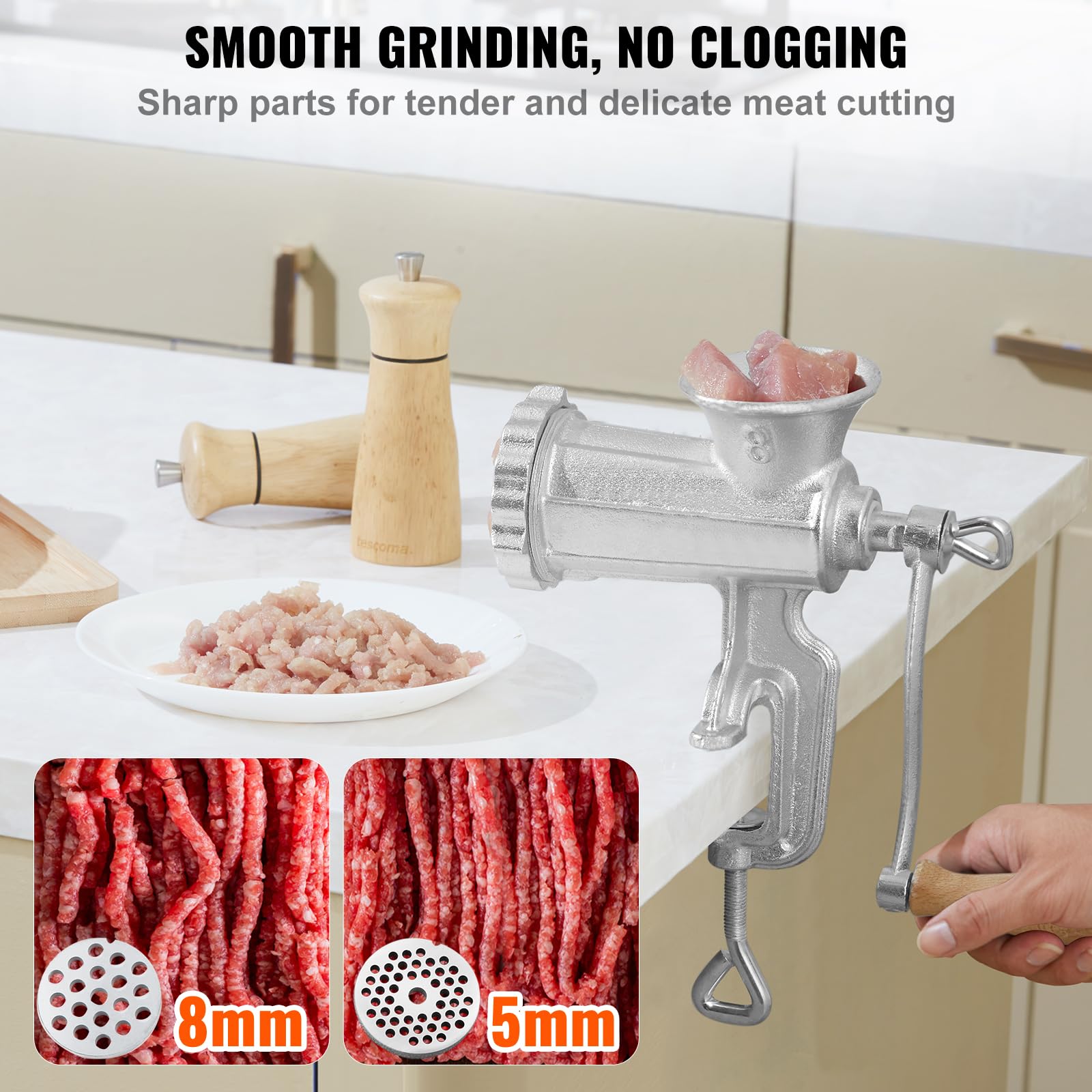VEVOR Manual Meat Grinder - Heavy Duty Cast Iron Hand Crank Sausage Maker with Steel Clamp, 1 Blade & 2 Plates - Perfect for Beef, Pepper, Mushroom Grinding | Home Kitchen & Outdoor Camping Use
