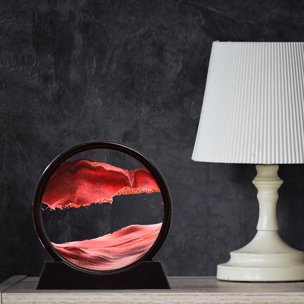 3D Dynamic Sand Art Liquid Motion - Round Glass Deep Sea Sandscape Moving Sand Picture, Flowing Sand Frame for Home & Office Decoration, Stress Relief Desk Toy for Adults & Kids (Red) - Perfect for Meditation, Waiting Rooms, and Creative Workspaces