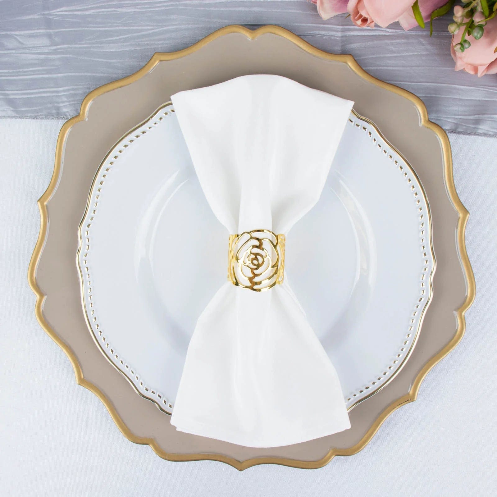 4 Pack Laser Cut Rose Flower Design Decorative Metal Napkin Rings - Gold for Wedding, Party, and Holiday Table Decor