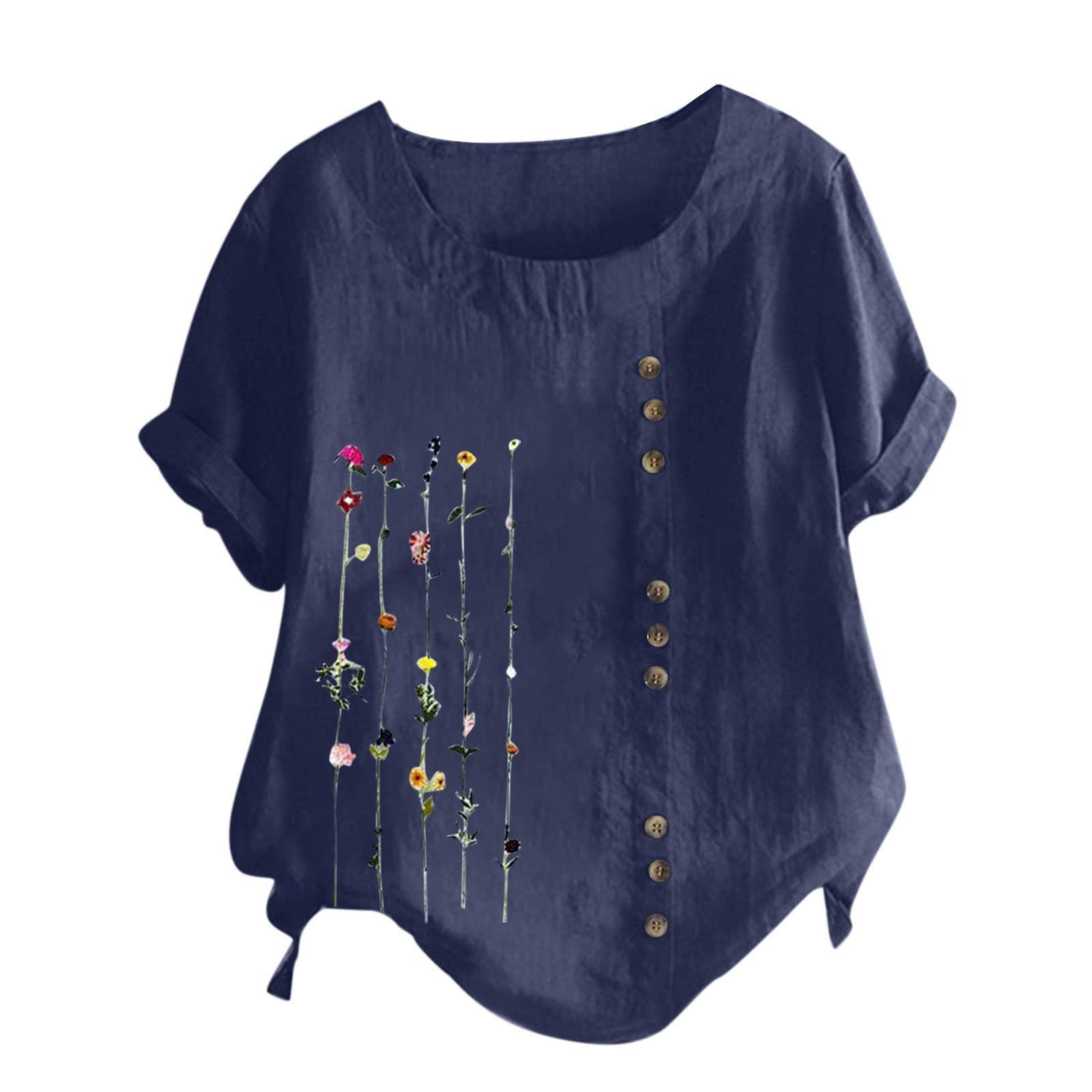 Women's Cotton Linen Short Sleeve Casual Tunic Top - Round Neck Printed Loose Button Blouse for Summer Outfits & Beach Wear