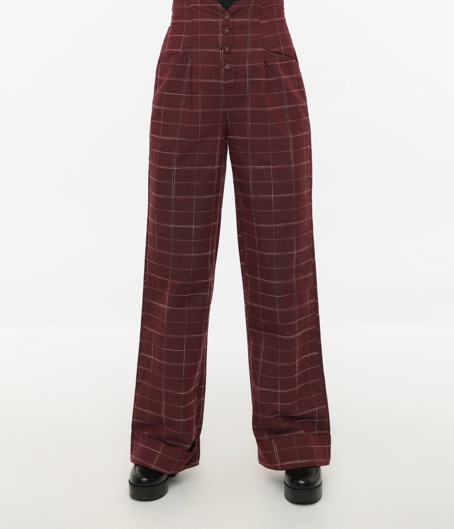Vintage 1940s Burgundy Windowpane Wide Leg Trousers with Button Closure - Retro High Waist Pants for Women, Perfect for Themed Parties, Cosplay and Vintage Fashion Outfits