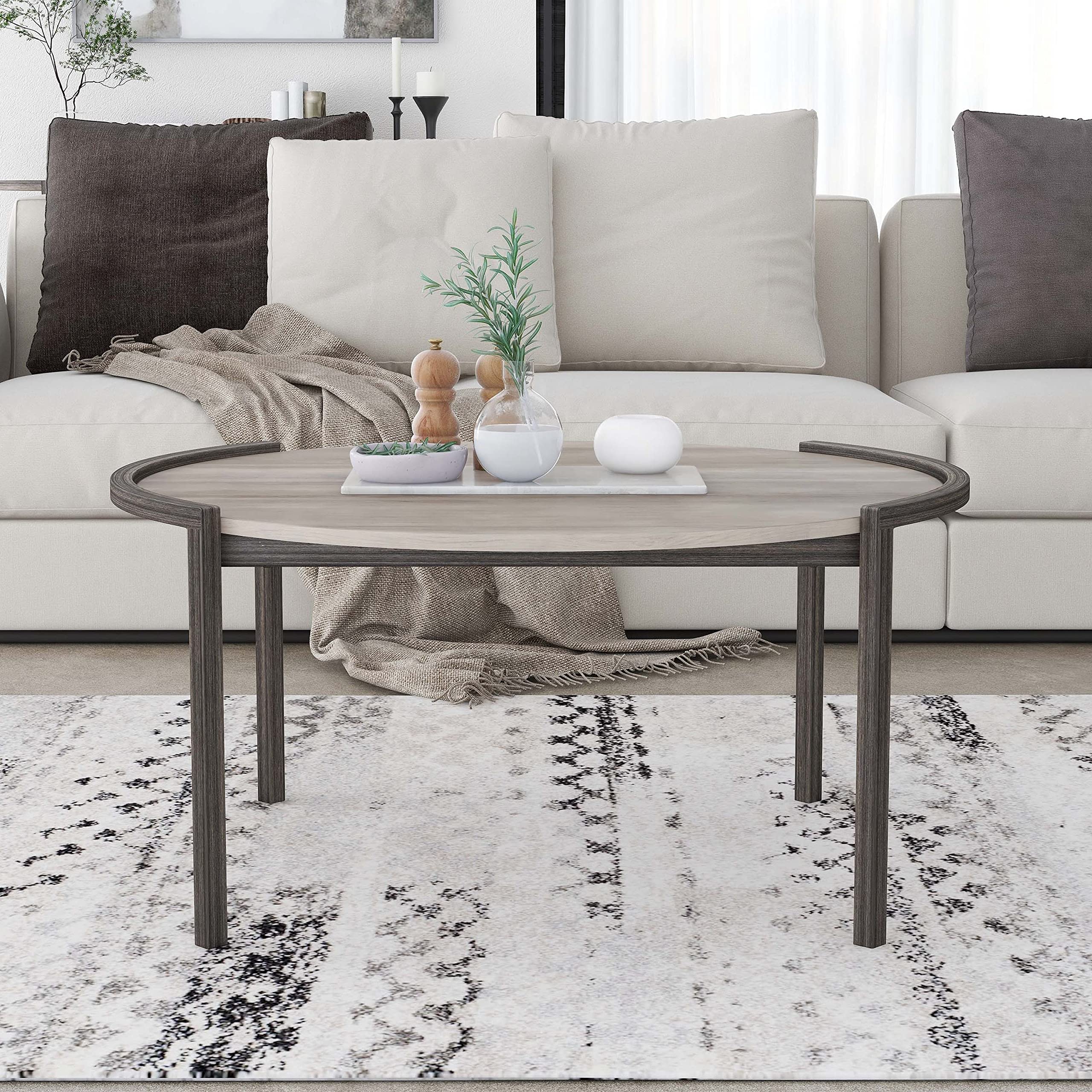 Modern Light Grey 37-inch Round Coffee Table - Contemporary Urban Design with Paperboard Steel Brushed Finish | Perfect for Living Room, Lounge & Small Space Decor