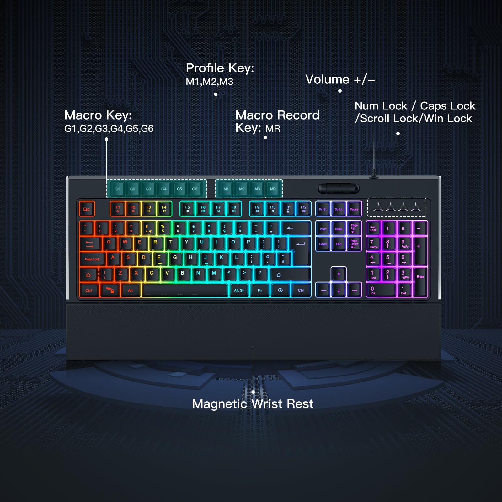 OMOTON RGB Gaming Keyboard with Wrist Rest - Ergonomic Silent USB Keyboard for PC Gaming & Office Work