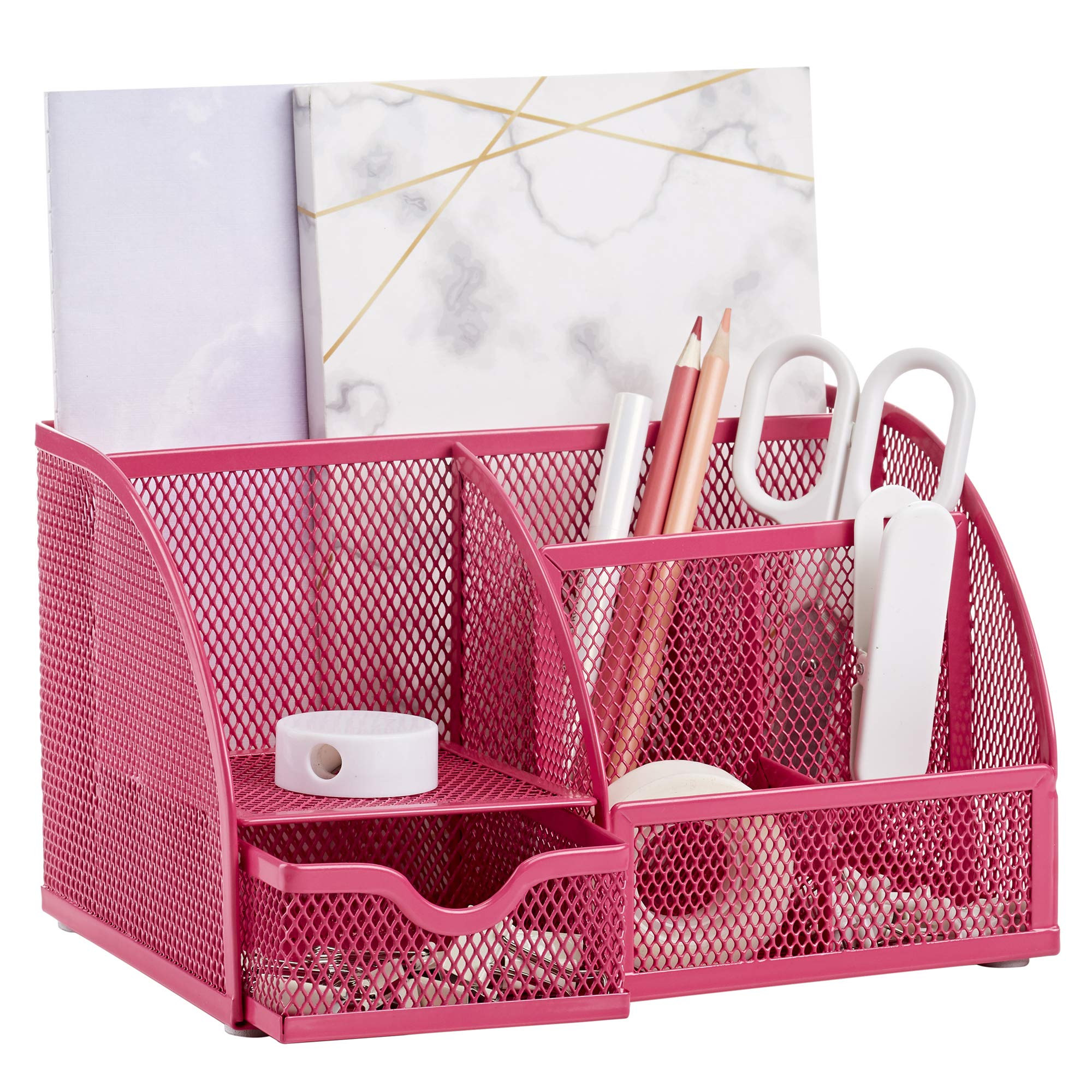 Anova Mesh Desk Organizer with 7 Compartments & Drawer - Pink | Office & Home Storage