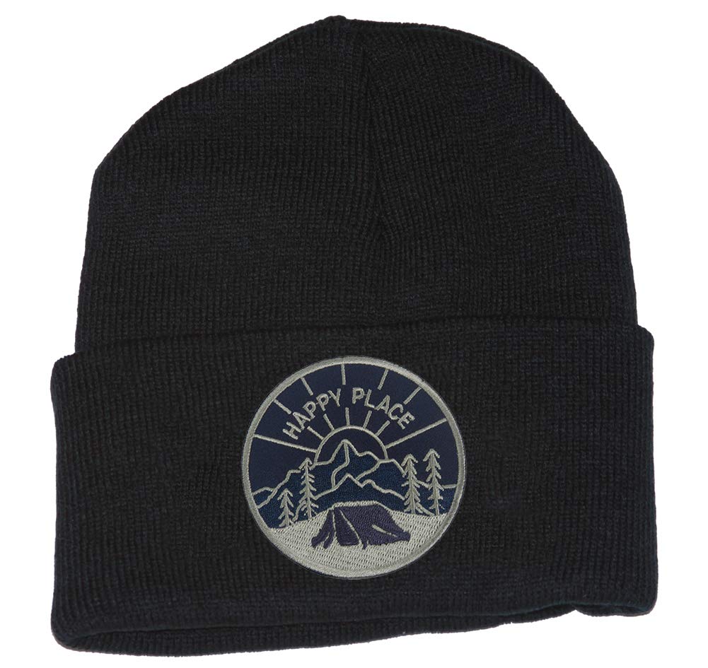 Gravity Threads Happy Place Patch Cuffed Beanie Black - Warm Winter Hat for Men & Women - Perfect for Skiing, Snowboarding & Cold Weather Activities