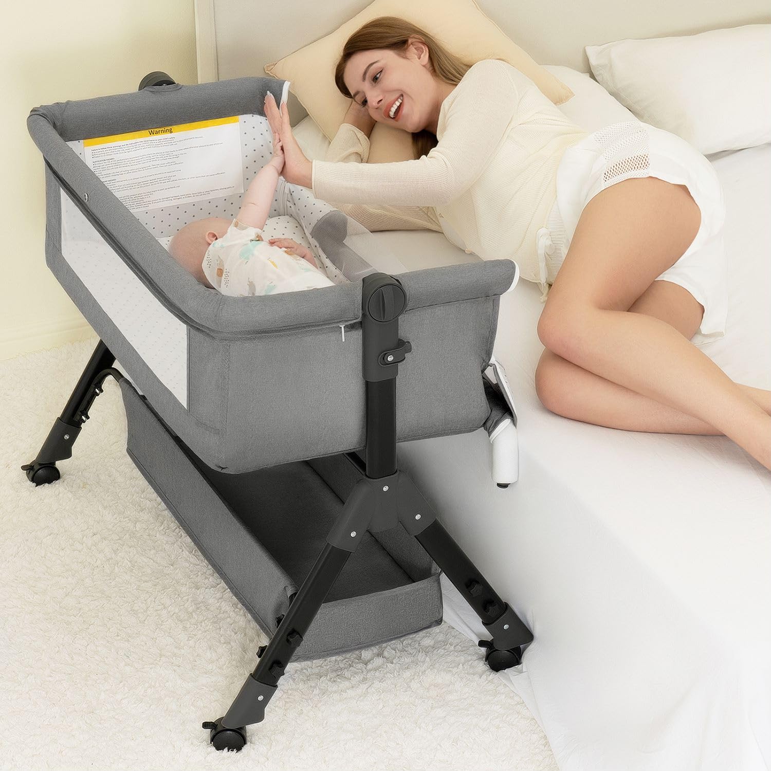 3 in 1 Adjustable Baby Bassinet Bedside Sleeper with Wheels, Storage Basket & Mattress - Portable Folding Crib for Newborns - Easy Assembly Nursery Essential for Co-Sleeping & Travel (Grey)