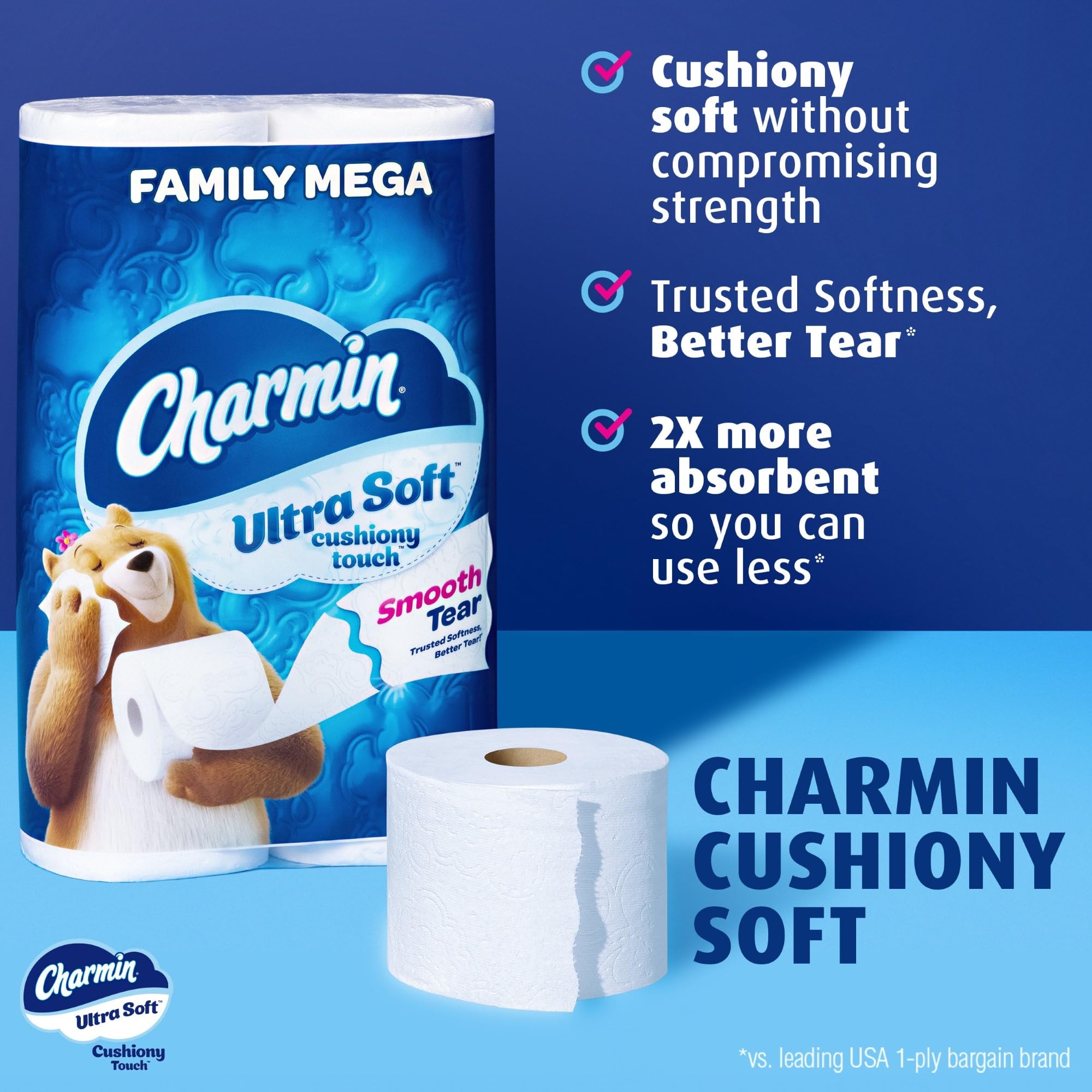 Charmin Ultra Soft Cushiony Touch Toilet Paper - 18 Family Mega Rolls (90 Regular Rolls) | Gentle Bathroom Tissue for Sensitive Skin | Perfect for Home, Office & RV Use