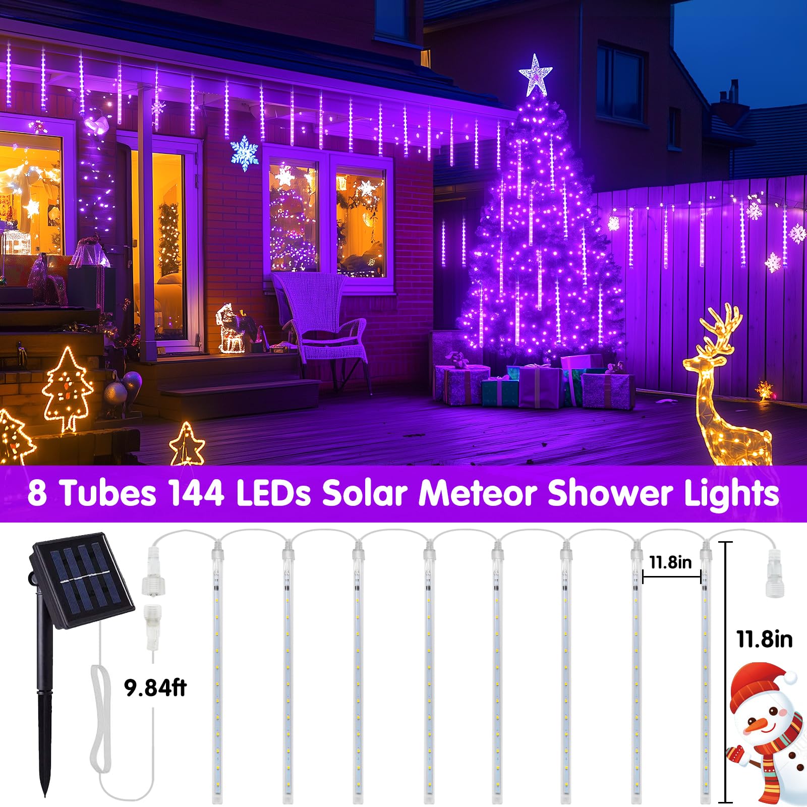 JMEXSUS 144 LED Solar Meteor Shower Lights Outdoor - 8 Tube Waterproof Christmas Lights for Tree, Halloween, Patio, Yard & Holiday Party Decor (Purple) - Perfect for Garden, Pathway, and Festive Celebrations