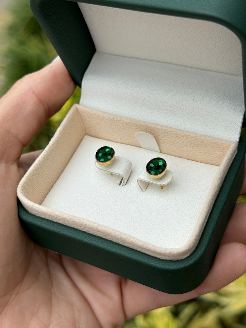 3.0tcw 18K Gold Natural Rich Dark Green Colombian Emerald Oval Trapiche Slice Stud Earrings for Women – Perfect for Weddings, Parties & Special Occasions