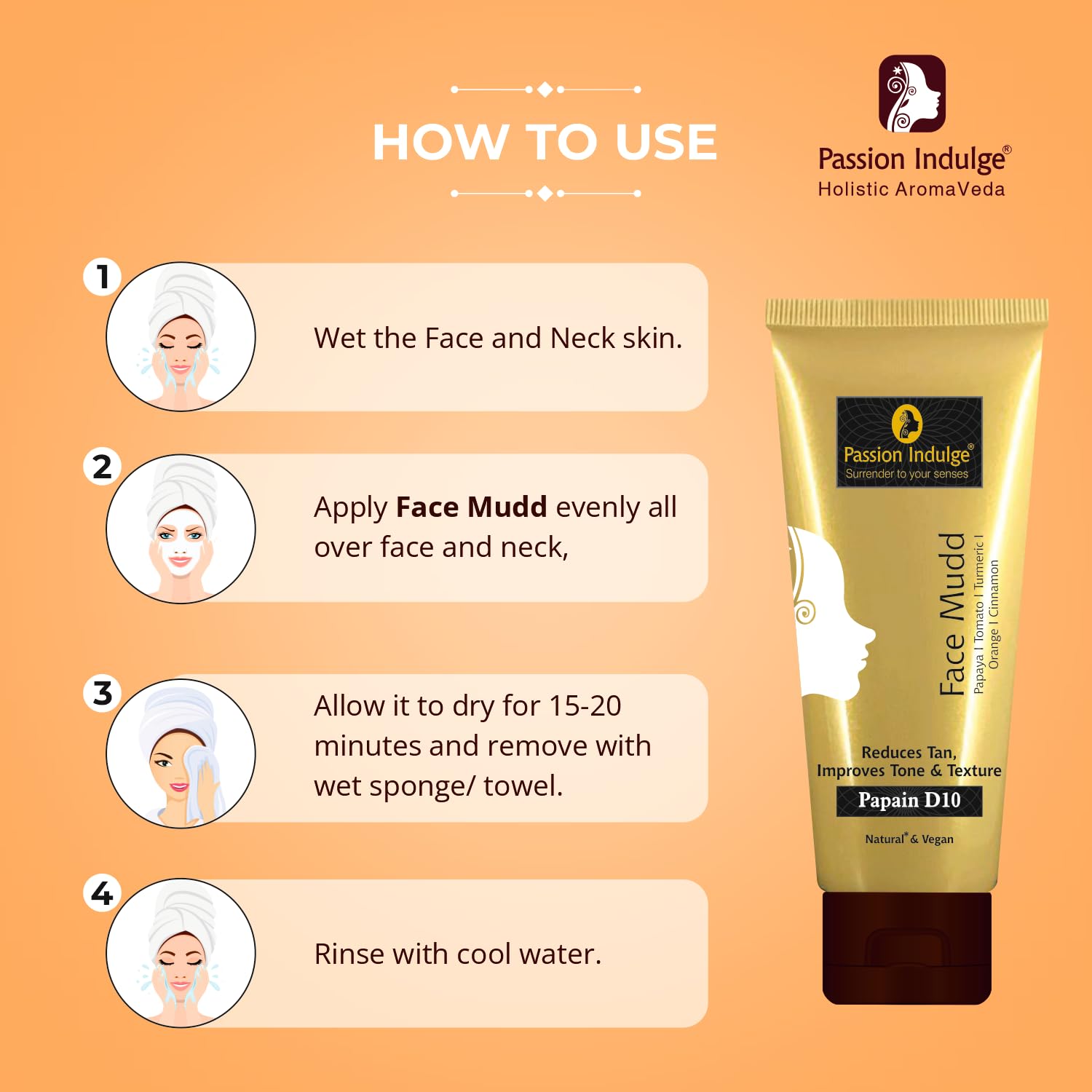 Passion Indulge Papain D10 Natural Face Mud Mask for Tan Removal & Brightening | 100% Natural Vegan Skincare | Aromatherapy Facial Treatment | PETA Certified (100g) - Perfect for Spa Days & Post-Sun Care