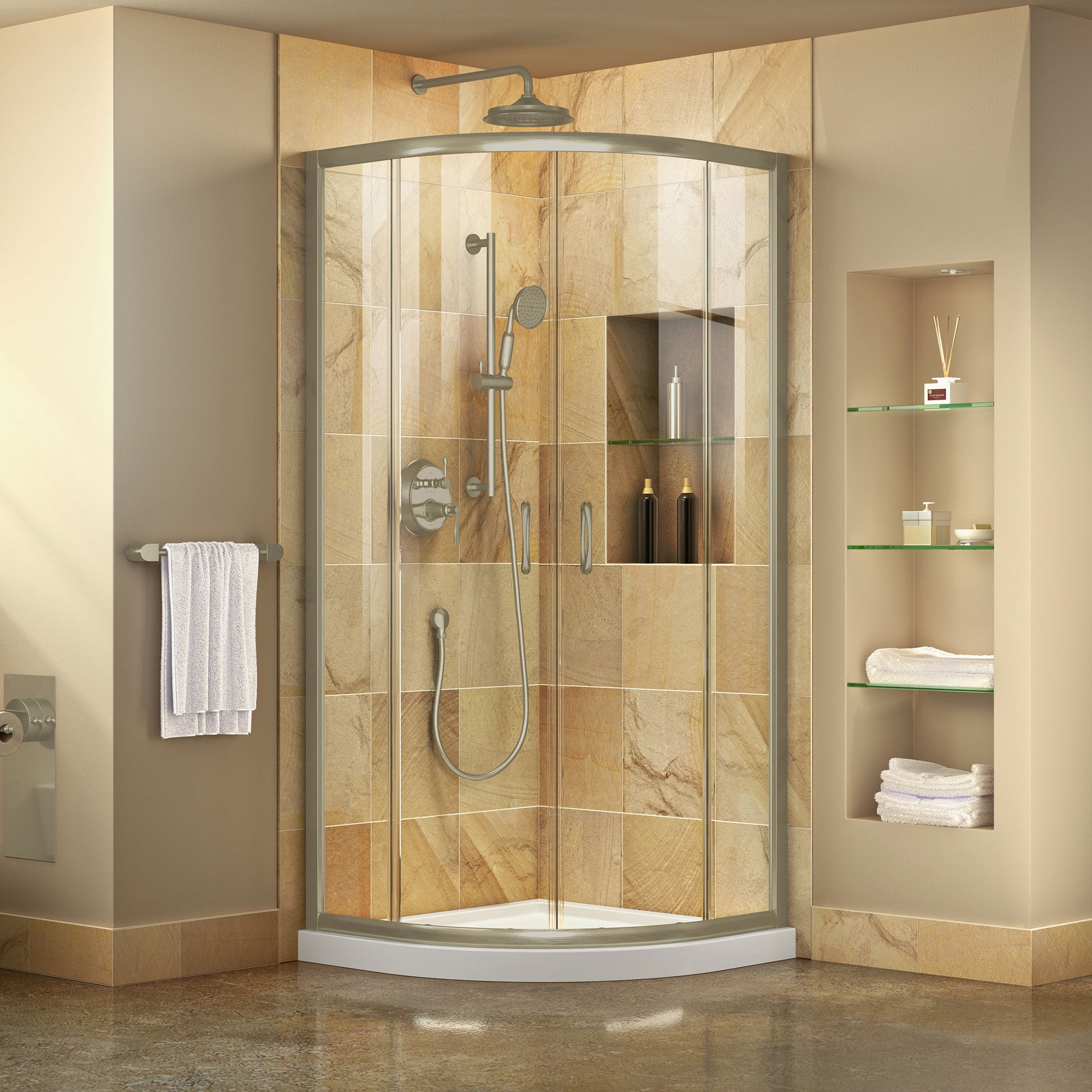 DreamLine Prime 38x38x74.75 Inch Corner Sliding Shower Enclosure with SlimLine Shower Base Kit - Clear Glass Frameless Design for Modern Bathroom Remodel | Easy Installation & Space Saving Solution