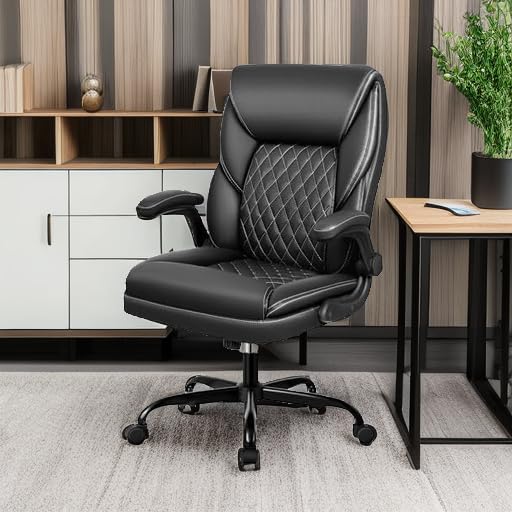 Premium Ergonomic Office Chair - Executive Leather Desk Chair with Adjustable Flip-Up Arms & Lumbar Support - Swivel Task Chair with Rocking Function for Home Office, Computer Work & Gaming (Black) - Perfect for Long Work Hours & Comfortable Workspaces