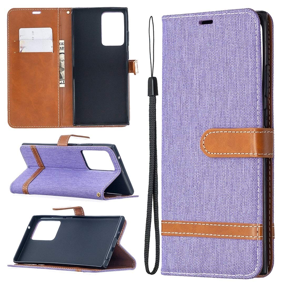 BOYUHII Samsung Galaxy Note20 Ultra Case - Premium Silicone Protective Cover with Denim Texture, Horizontal Flip Design, Card Slots & Wallet Function, Includes Phone Holder & Lanyard (Black) - Perfect for Work, Travel & Everyday Use