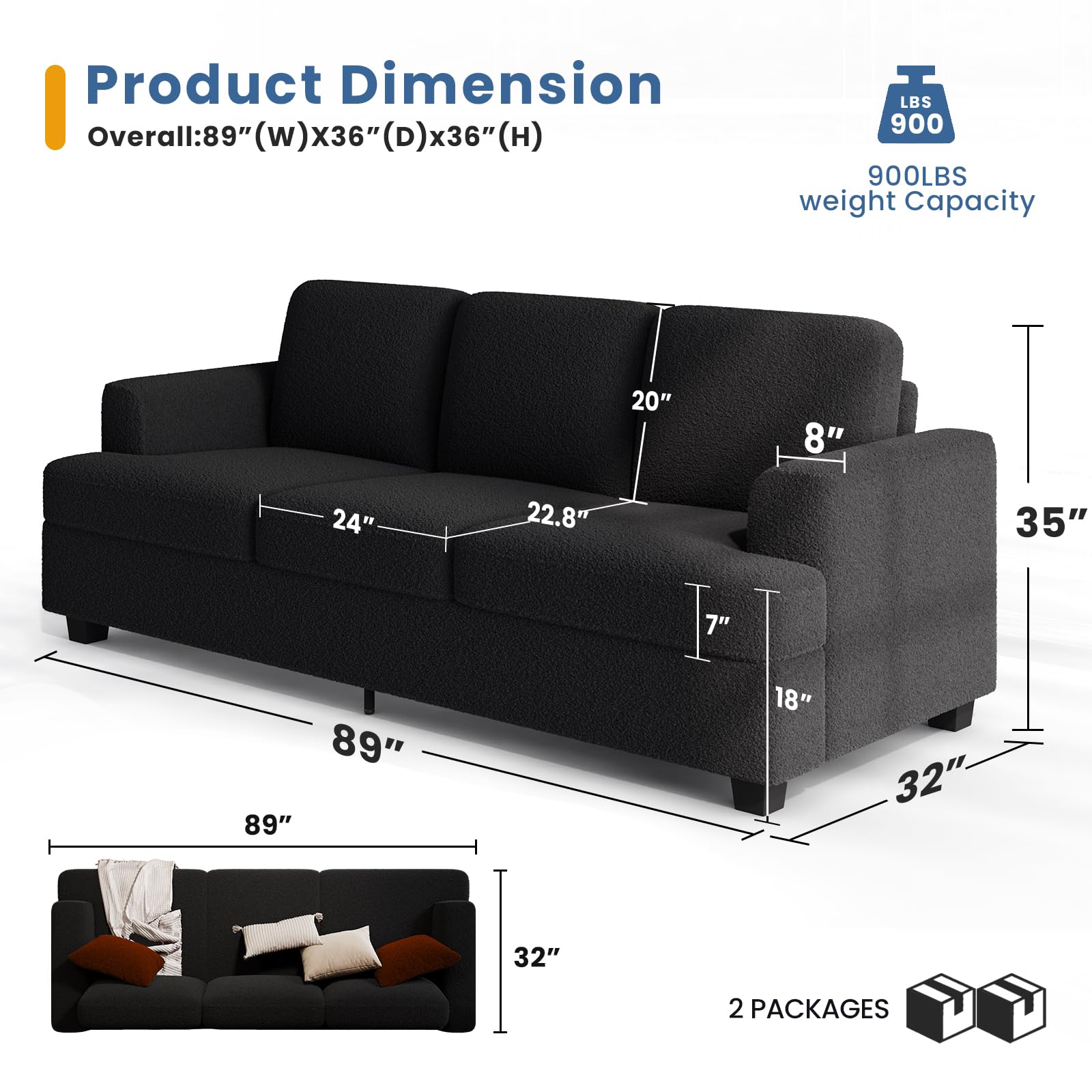 KKL 89 Inch Modern 3-Seater Cloud Couch Set - Firm Structure Bouclé Black Sofa for Living Room & Apartment | Perfect for Small Spaces, Family Gatherings & Cozy Movie Nights