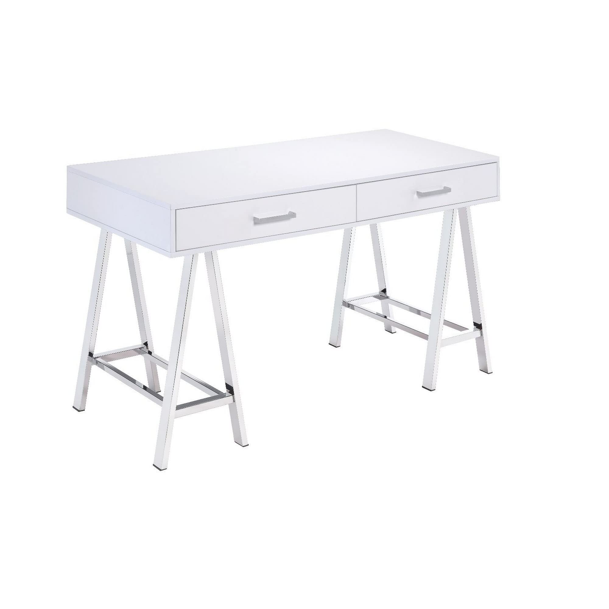 Benjara Modern White and Chrome Writing Desk with 2 MDF Drawers & Sturdy Metal Legs - Perfect for Home Office, Study Room, or Small Workspace