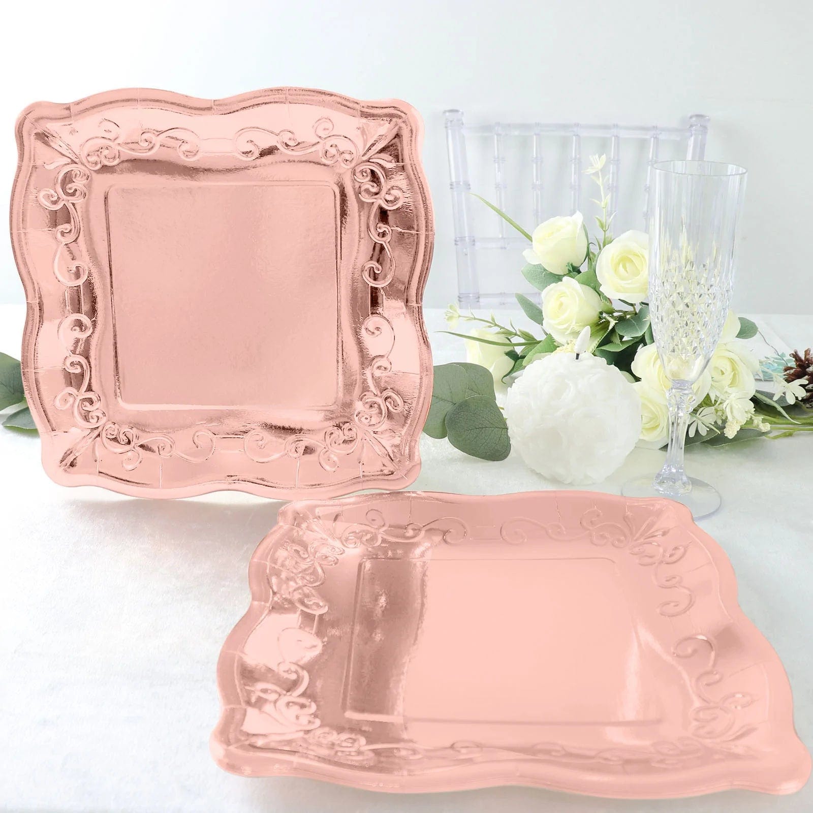 25 Pack Square Disposable Dessert Plates with Elegant Scroll Design - Perfect for Parties, Weddings, and Dinner Events