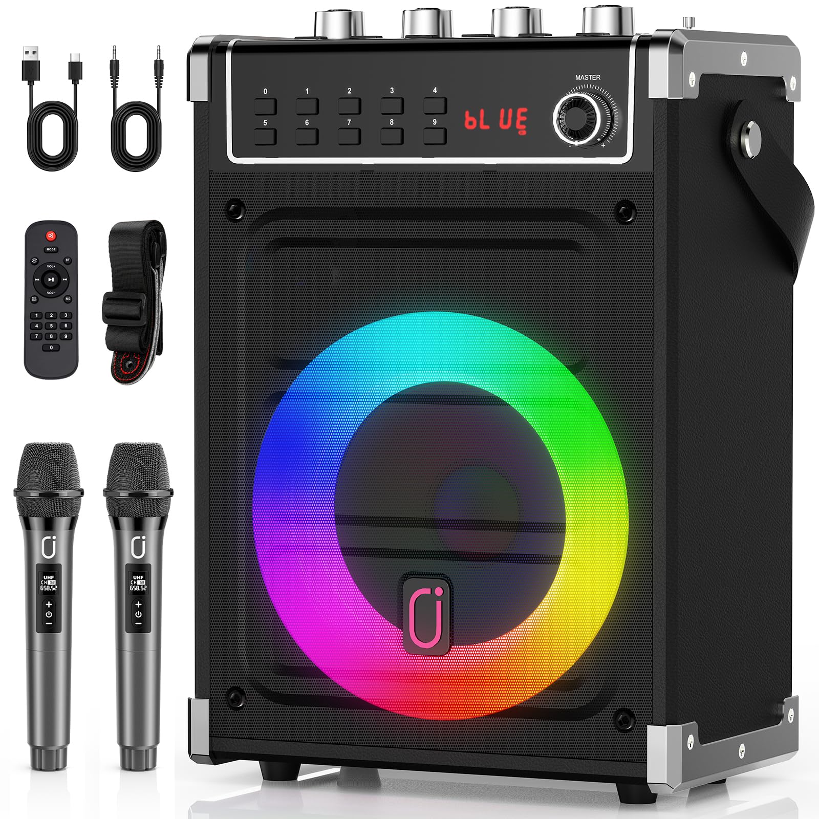 JYX Portable Karaoke Machine with 2 Wireless Microphones - Bluetooth Speaker with Bass/Treble Control, LED Lights, TWS, AUX, FM Radio & Recording - PA System with Remote Control for Home Parties, Family Gatherings & Kids Entertainment