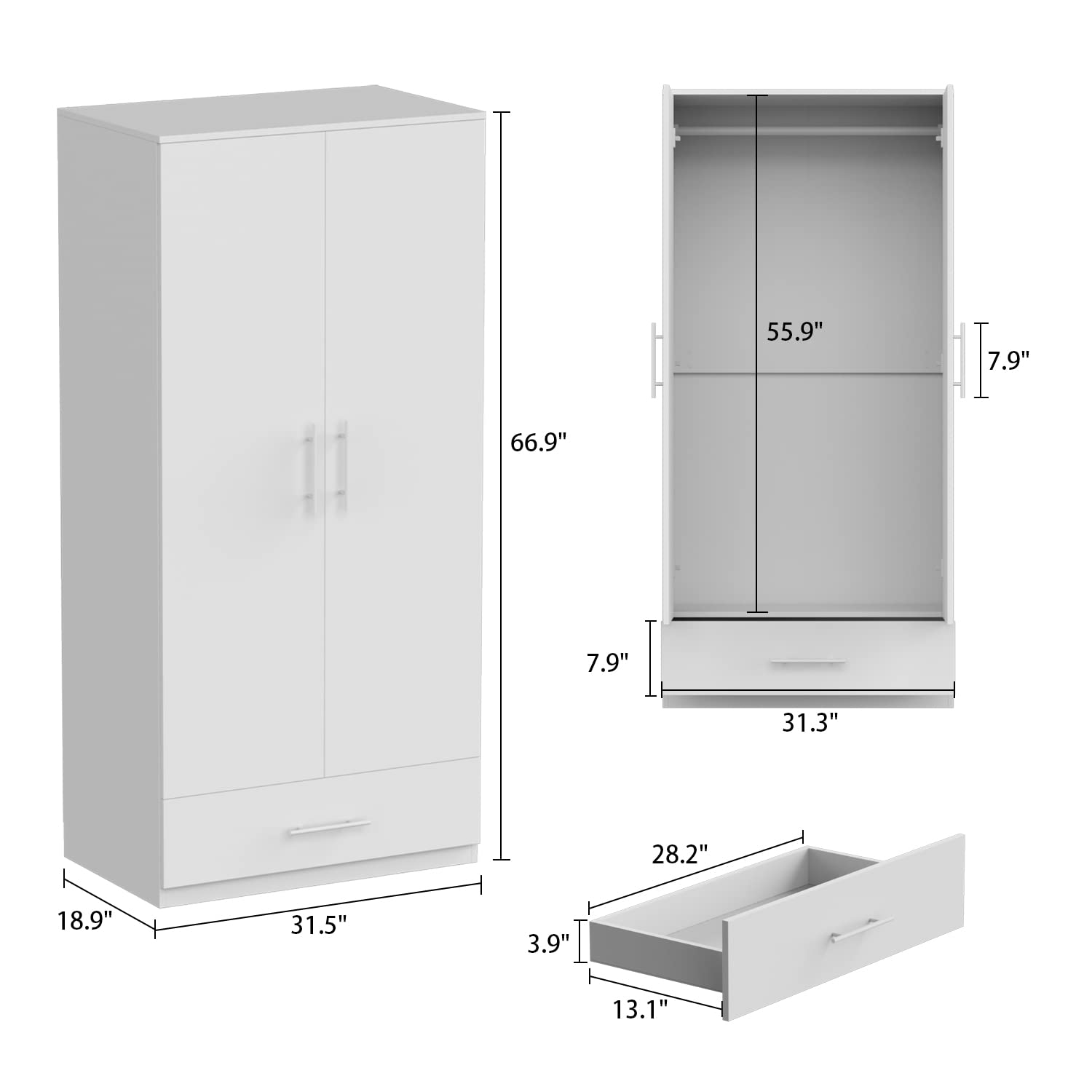 Hitow 2-Door Freestanding Wardrobe Closet with Drawer & Hanging Rod - White Bedroom Armoire Clothes Organizer (31.5