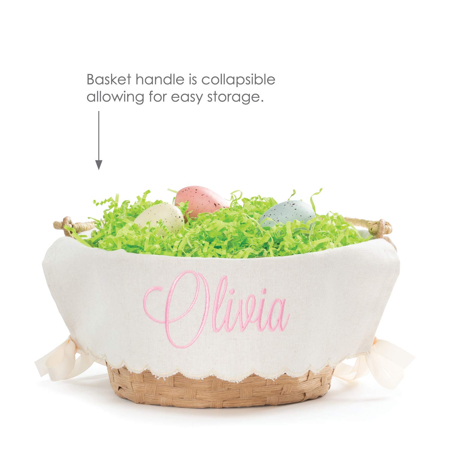 Personalized Easter Basket with Handle - Custom Name in Pink Script & Scallop Edge Linen Liner | Tan Woven Basket for Kids & Adults | Perfect for Easter Egg Hunts, Spring Decor & Gift Giving