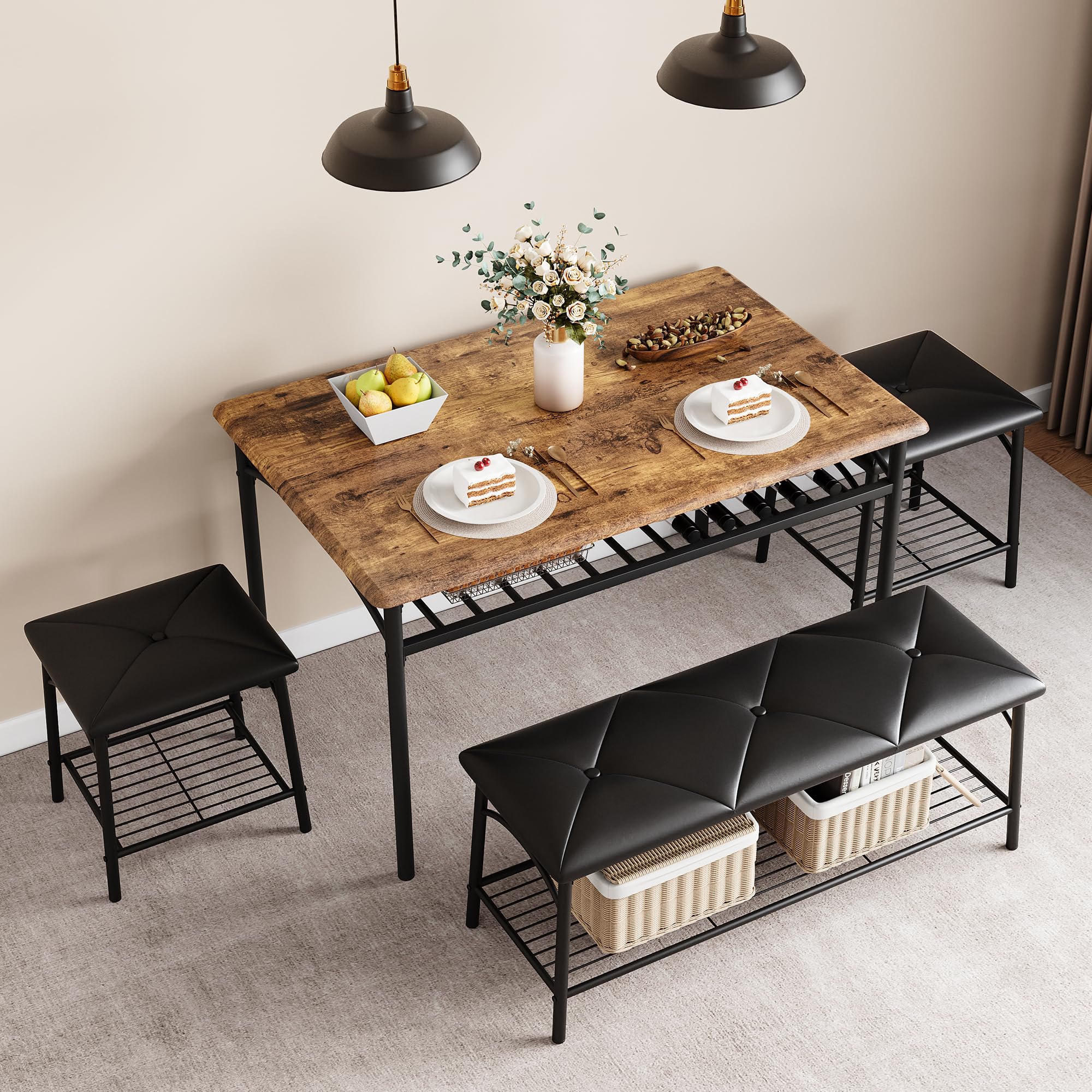 IDEALHOUSE 4-Piece Rustic Brown Dining Table Set with Upholstered Bench & Square Stools - Space Saving Kitchen Table for Small Apartments | Perfect for Breakfast Nooks, Compact Dining Areas & Cozy Family Meals