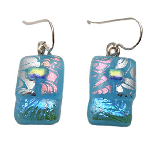 Aqua Pink Fused Patchwork Dichroic Glass Sterling Silver Dangle Earrings for Women | Handmade Bohemian Jewelry | Perfect for Parties, Weddings & Special Occasions